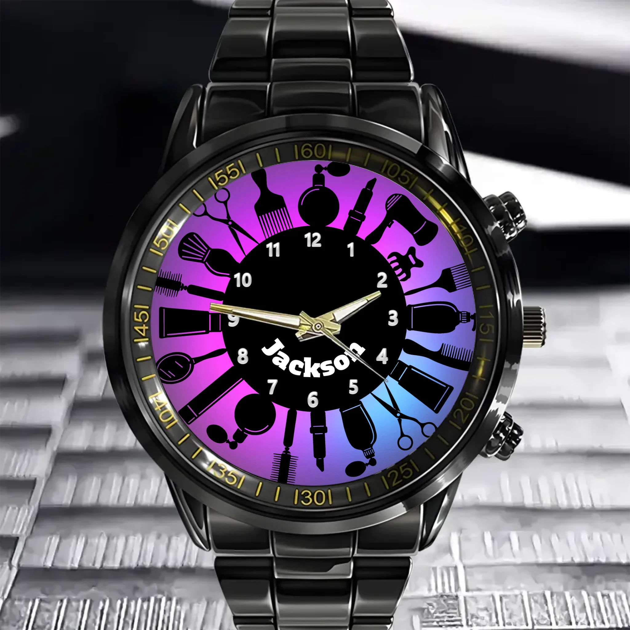 Classic Scissors Comb Hairdryer Customized Watch - Personalized Name - Gift For Barber