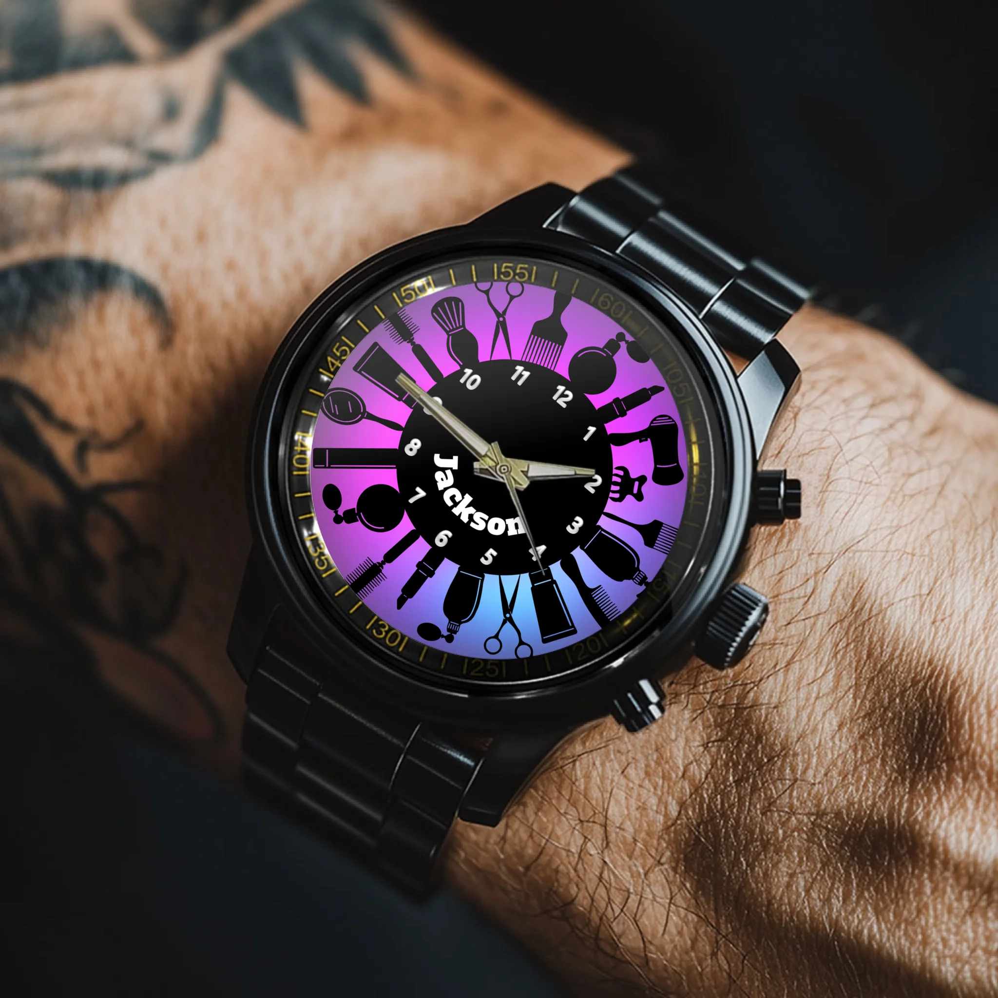 Classic Scissors Comb Hairdryer Customized Watch - Personalized Name - Gift For Barber
