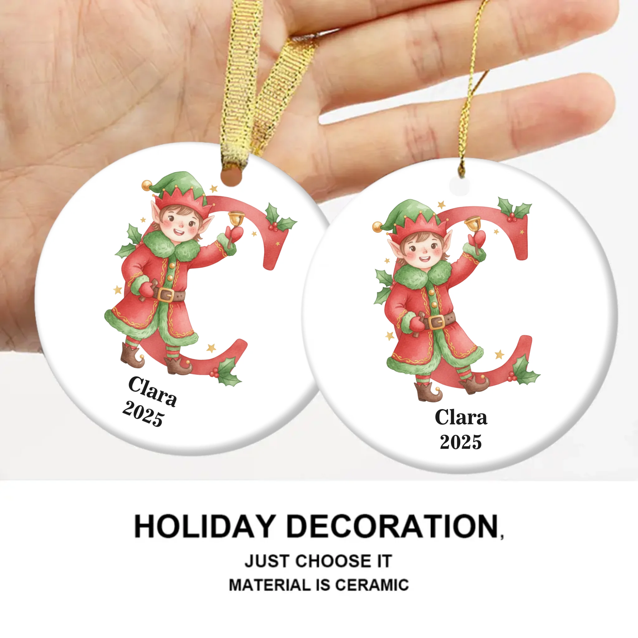 Customized Elf Initial Ceramic Ornament, Personalized Name And Initial, Christmas Gift for kids, Party gatherings