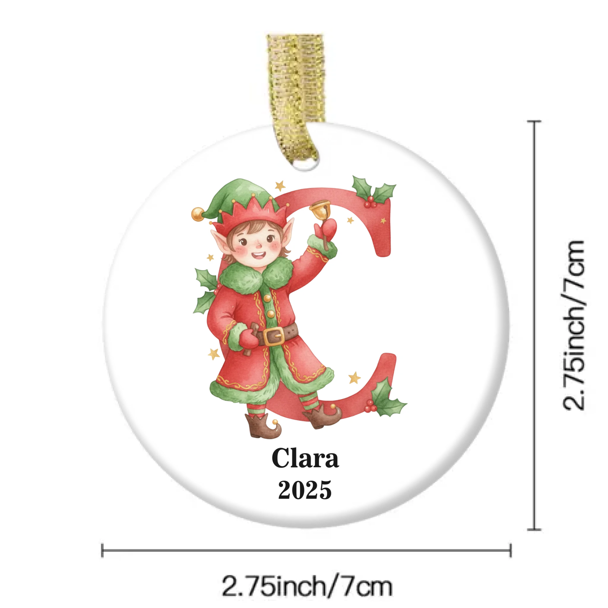 Customized Elf Initial Ceramic Ornament, Personalized Name And Initial, Christmas Gift for kids, Party gatherings