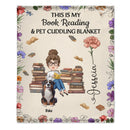 Customized Reading Girl Who Loves Books & Pets Birth Month Flower Blanket - Personalized Cartoon Characters and Name - Gift for Reading Lovers, Pet Owners