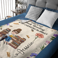Customized Reading Girl Who Loves Books & Pets Birth Month Flower Blanket - Personalized Cartoon Characters and Name - Gift for Reading Lovers, Pet Owners