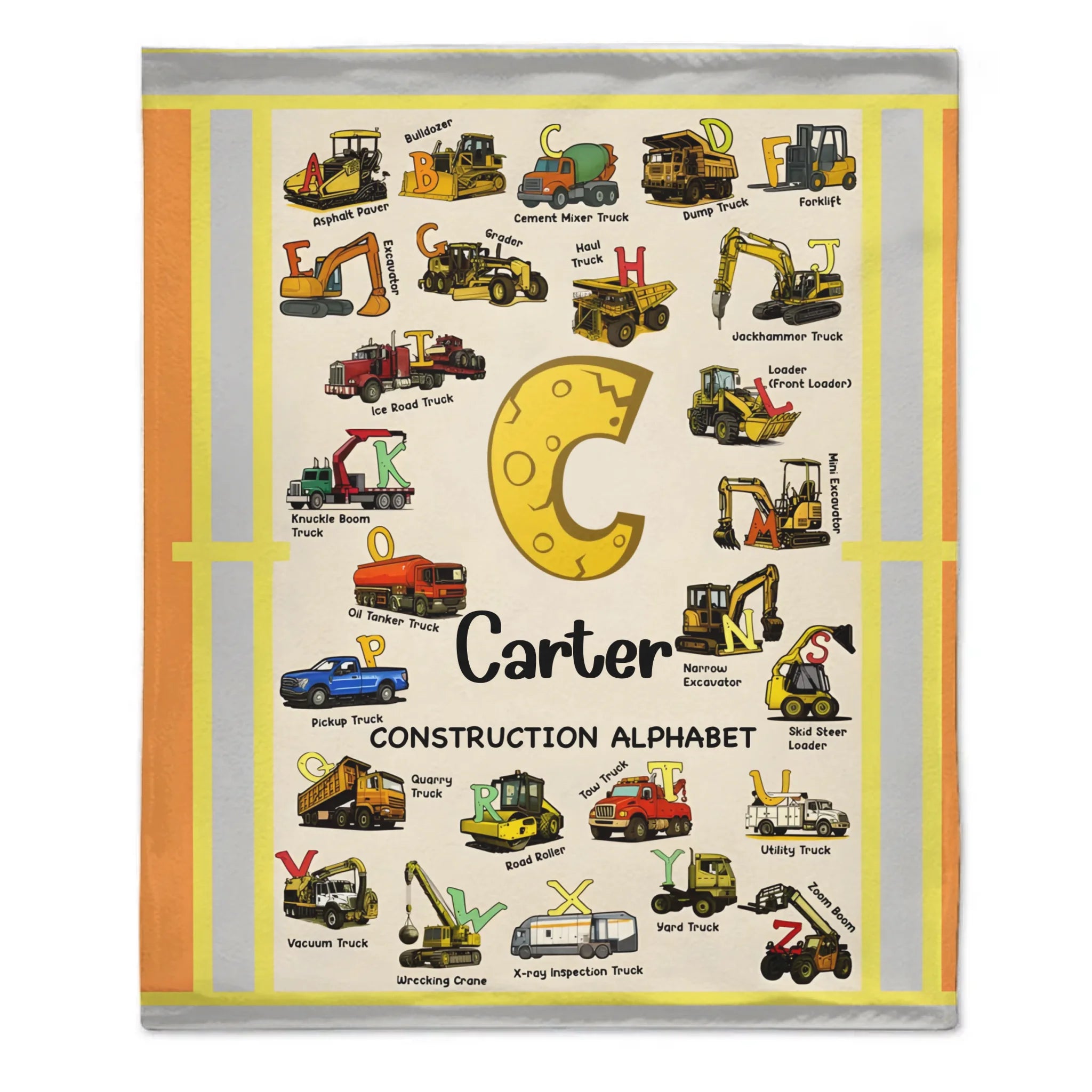 Custom Construction Alphabet Blanket – Personalized Truck Learning Blanket – Gift for Kids & Toddlers