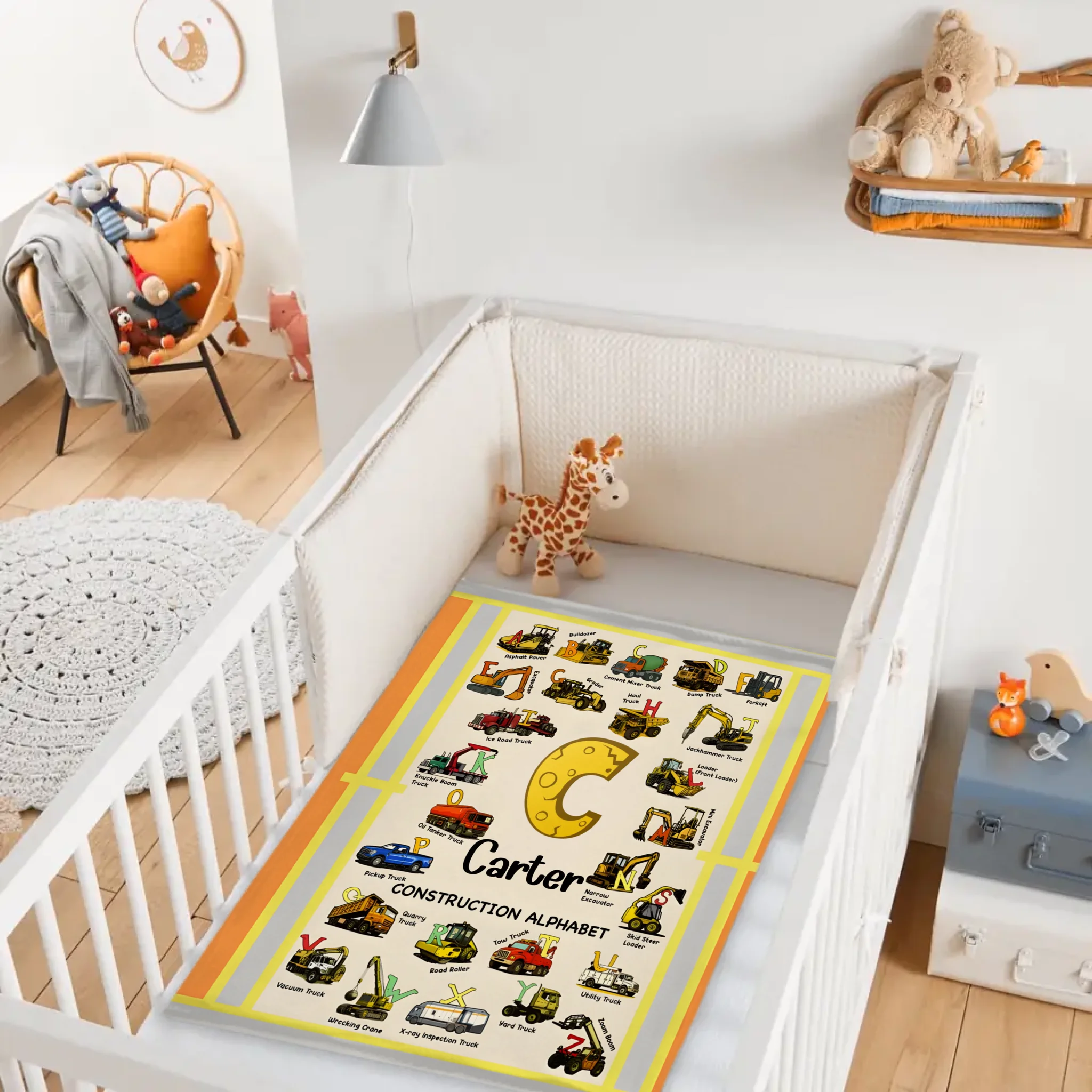 Custom Construction Alphabet Blanket – Personalized Truck Learning Blanket – Gift for Kids & Toddlers