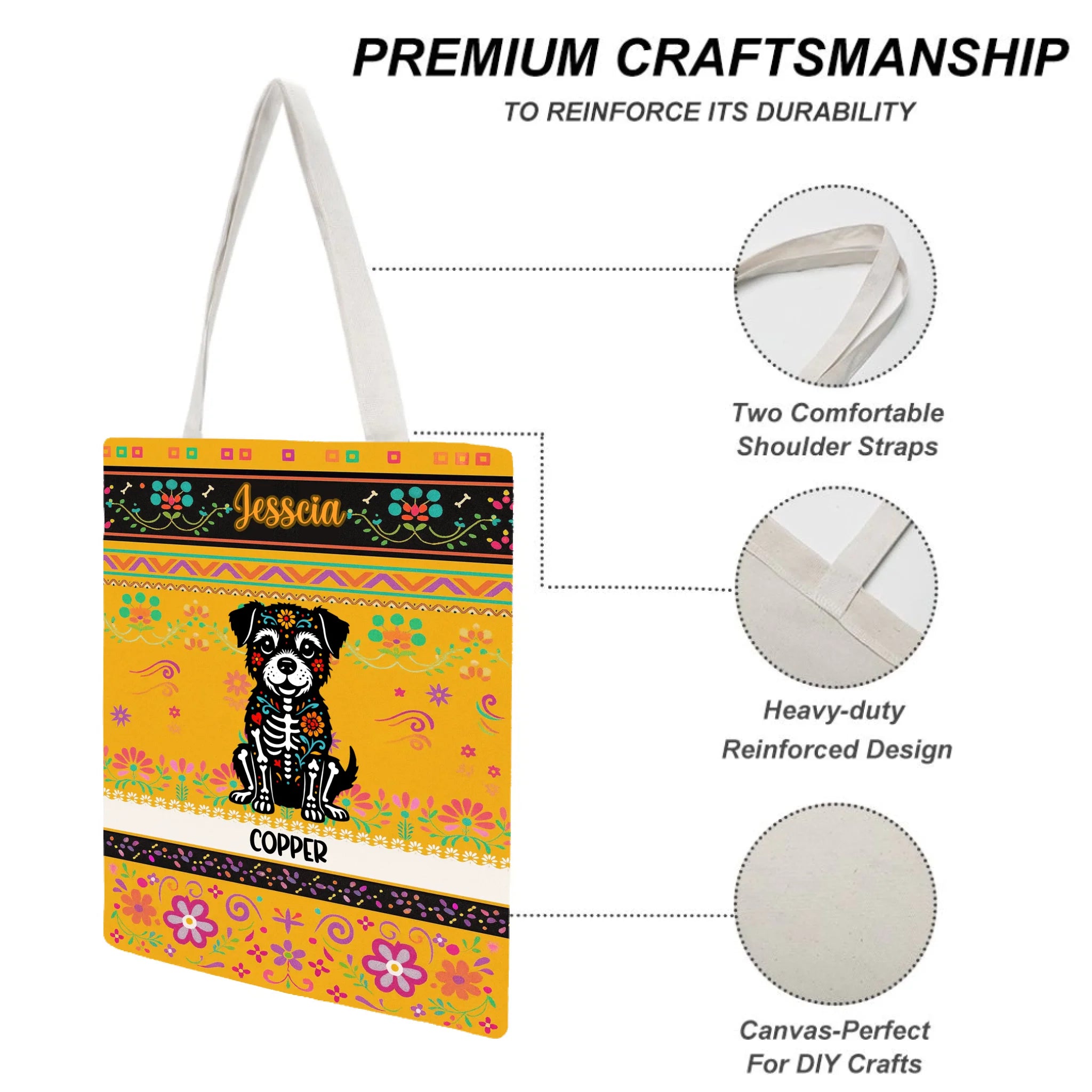 Customized Day Of The Skull Dog Cat Canvas Bag - Personalized Pet And Name - Gift For Pet Lovers, Owners
