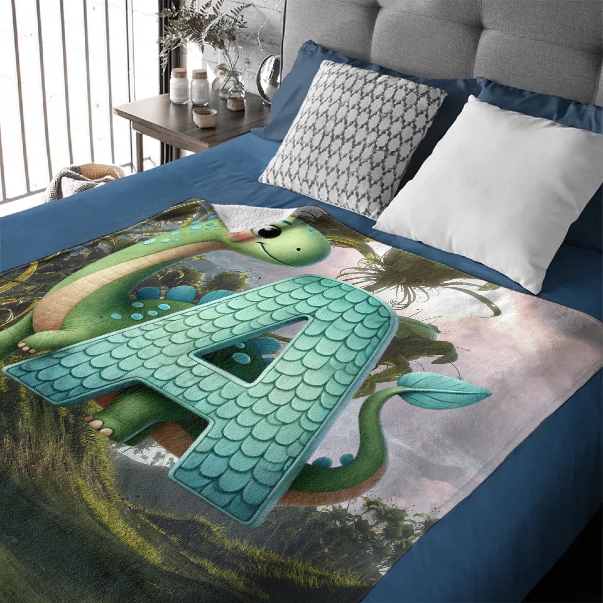 Custom Dinosaur Alphabet Blanket – Personalized Dino Letter Blanket – Gift for Kids & Toddlers