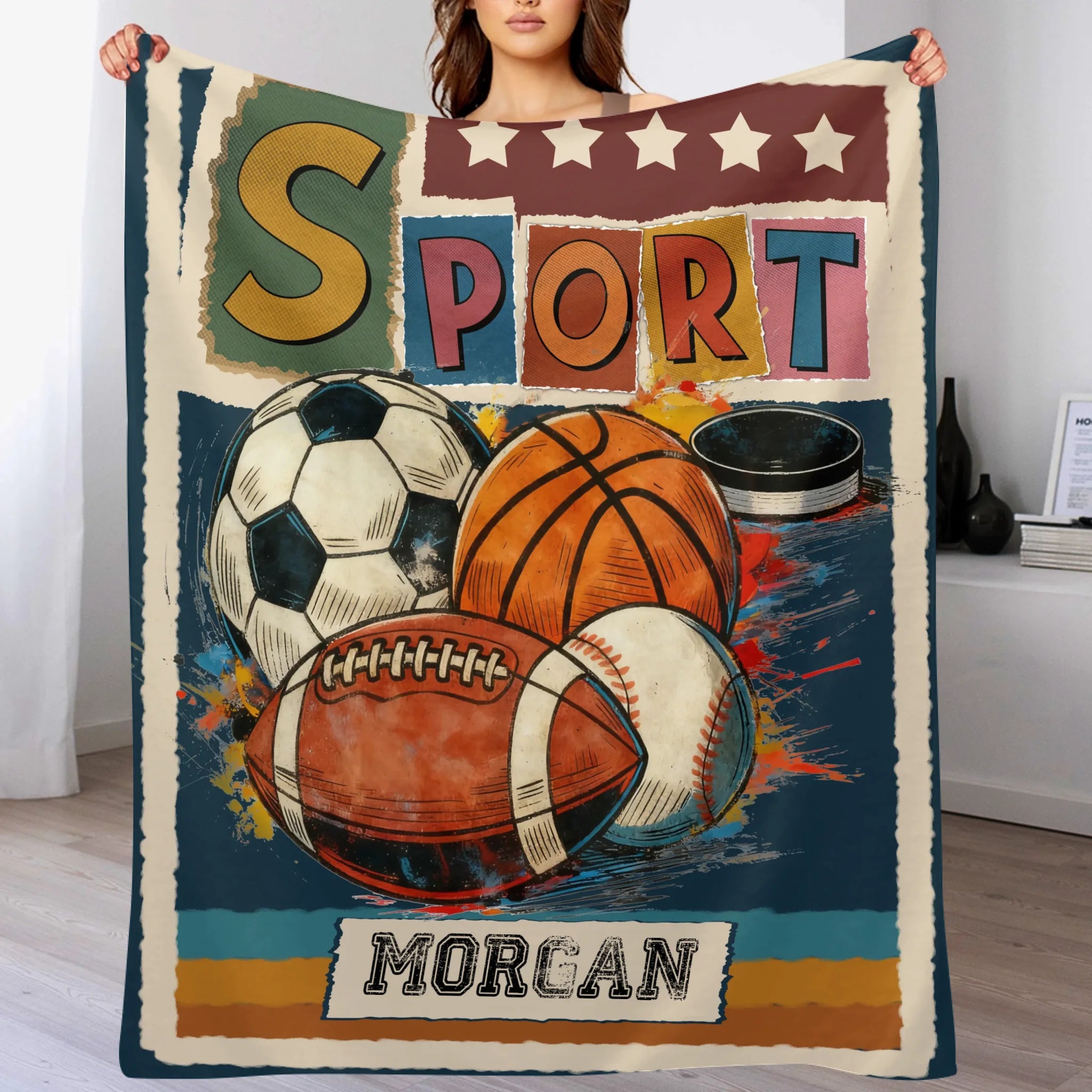 Custom Sports Ball Blanket – Personalized Vintage Sport Theme Throw – Gift for Boys & Athletes