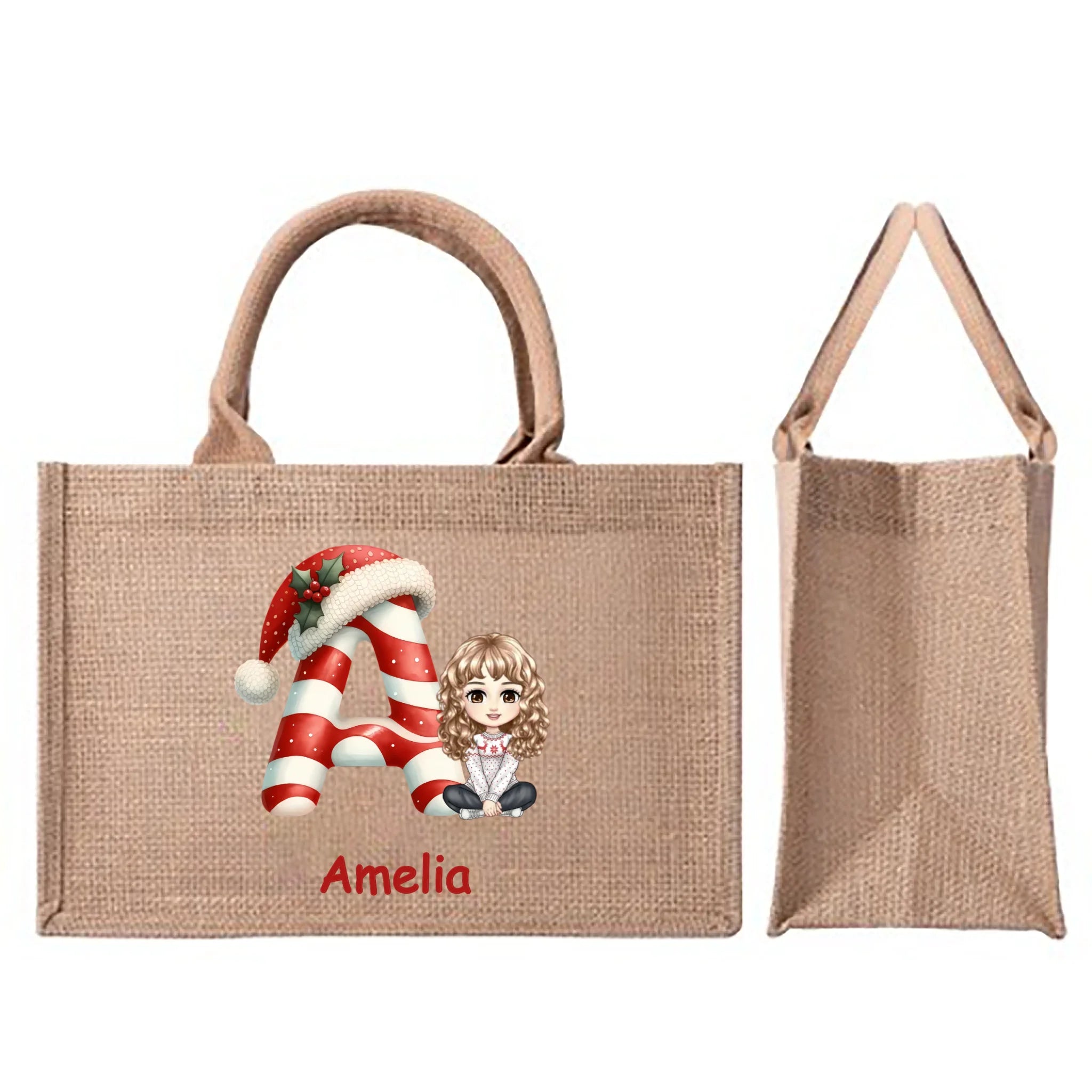 Customized Christmas Cotton Linen Handbag - Personalized Characters, Initials and Name - Christmas Gifts For Baby, Kid, Friend, Family