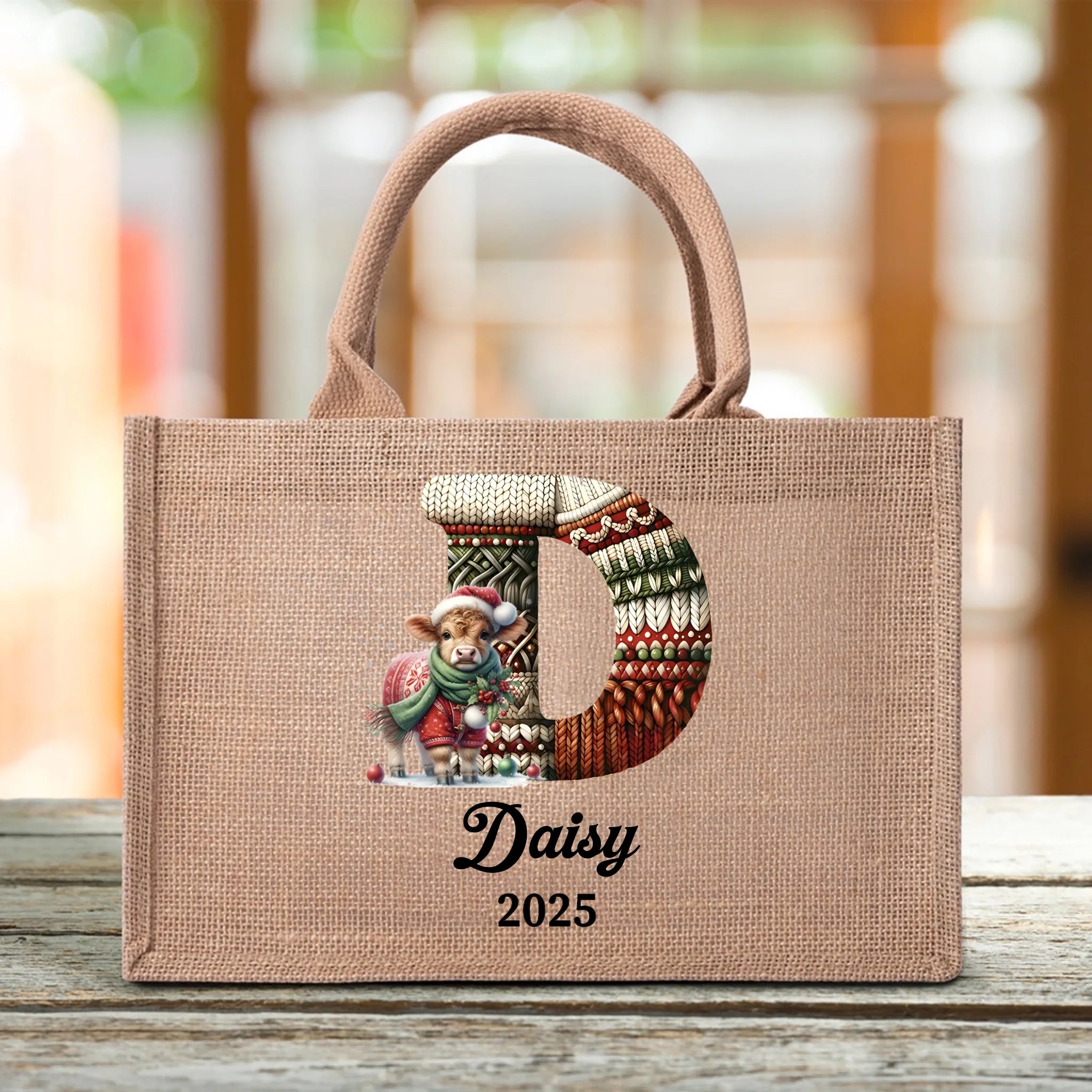Customized Cute Animals Knitted Letter Design Cotton Linen Handbag - Personalized Name And Initial Letter - Christmas Gift For Family, Friends