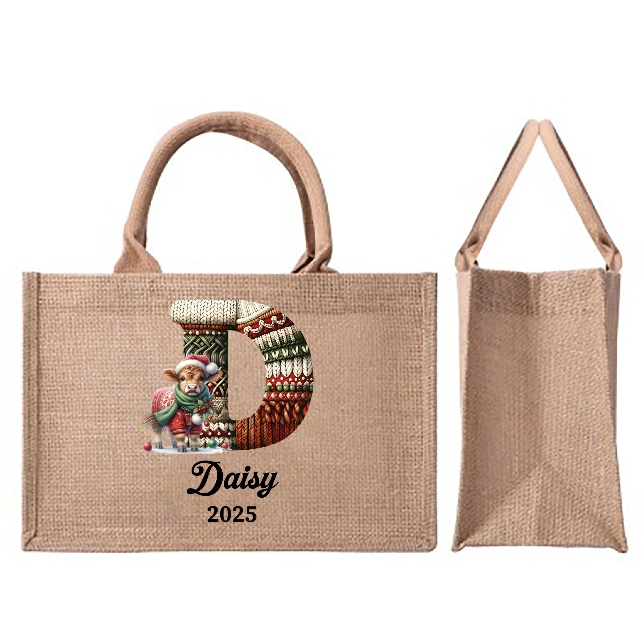 Customized Cute Animals Knitted Letter Design Cotton Linen Handbag - Personalized Name And Initial Letter - Christmas Gift For Family, Friends