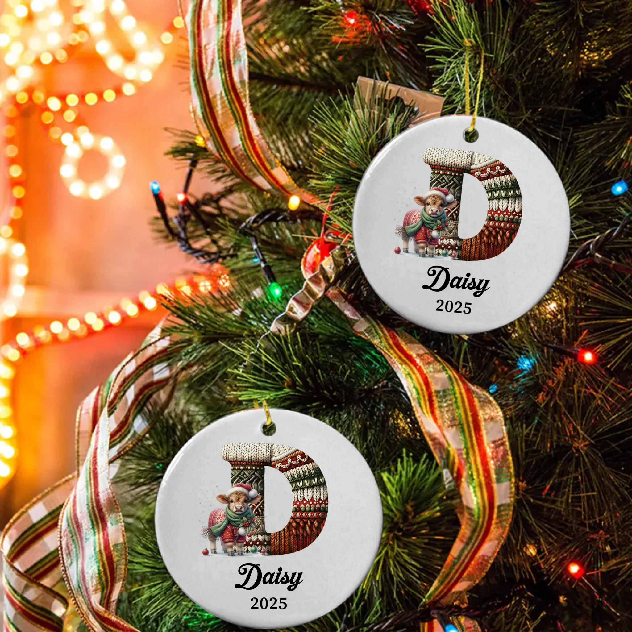 Customized Cute Animals Knitted Letter Design Ceramic Ornament - Personalized Name And Initial Letter - Christmas Gift For Family, Friends