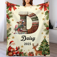 Customized Cute Animals Knitted Letter Design Blanket - Personalized Name And Initial Letter - Christmas Gift For Family, Friends