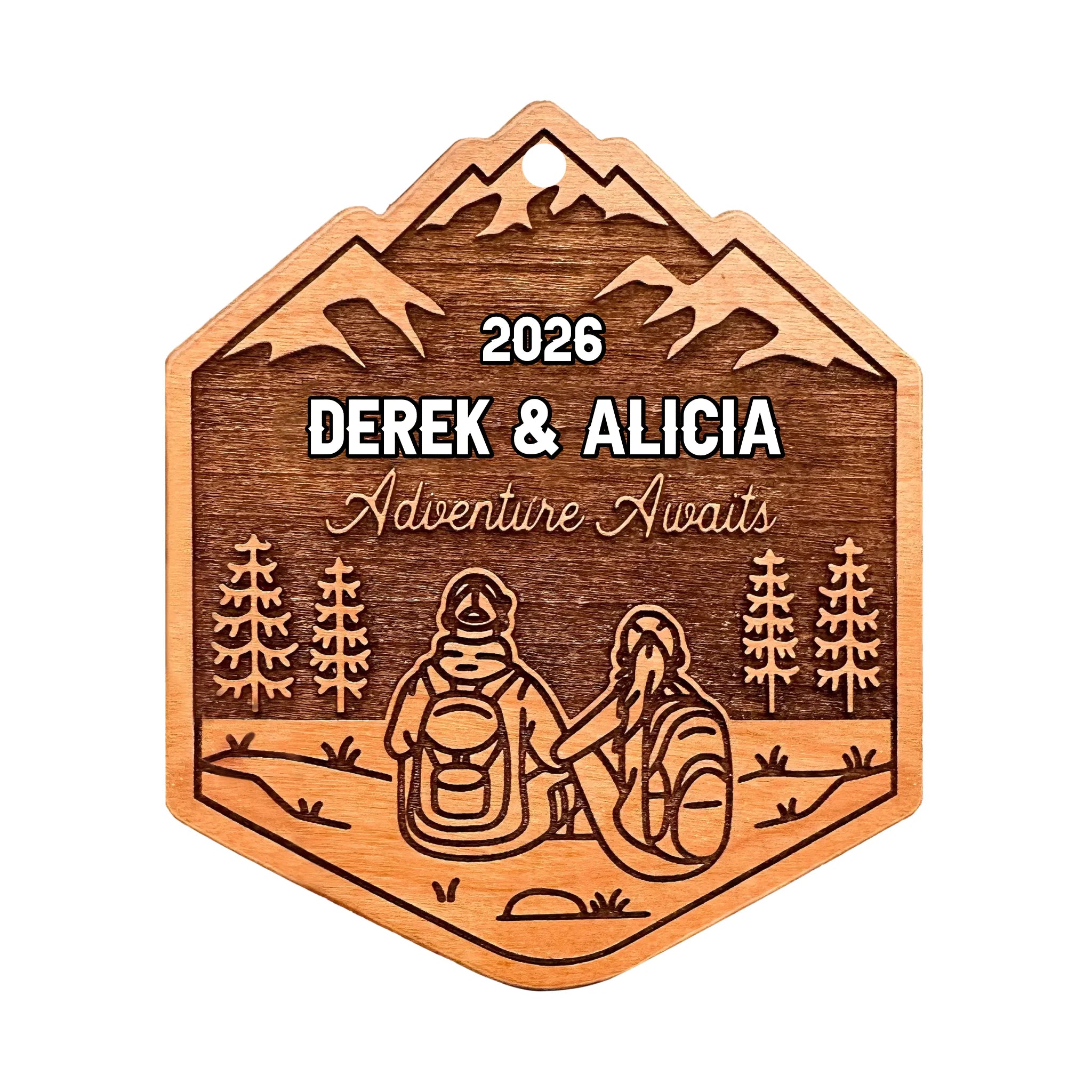 Customized Wooden Hanging Piece For Couple's Hiking Theme - Personalized Names Hanging Ornament - National Park Couples Gift