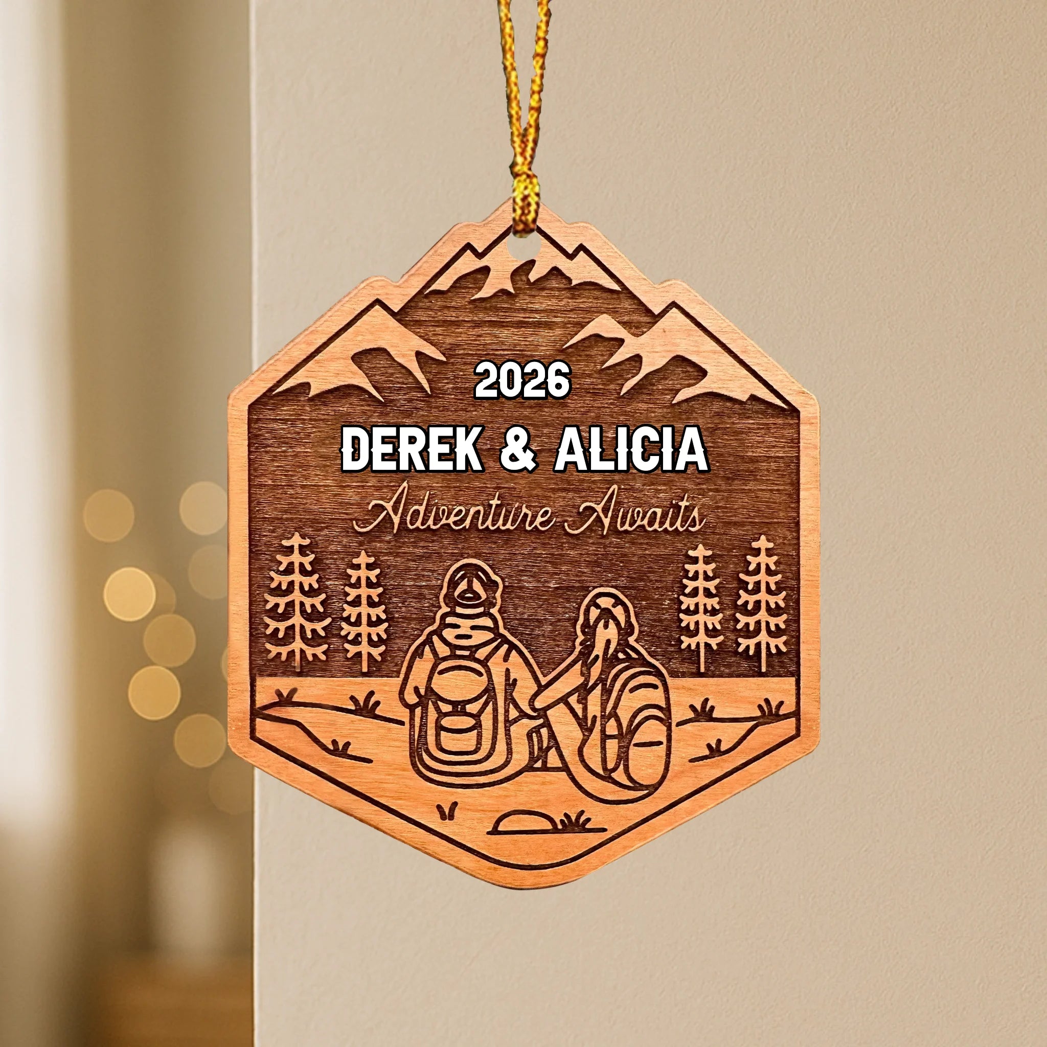 Customized Wooden Hanging Piece For Couple's Hiking Theme - Personalized Names Hanging Ornament - National Park Couples Gift