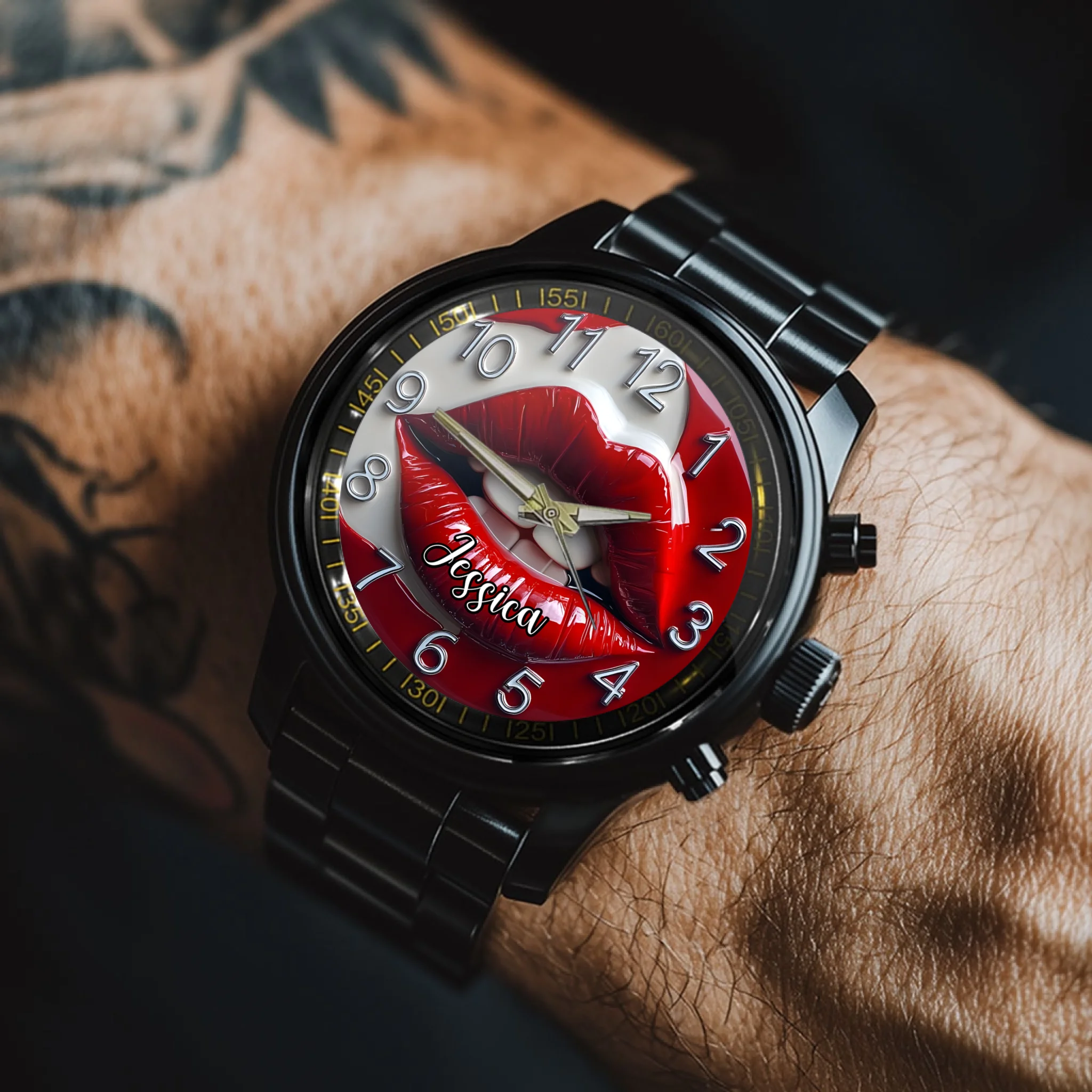 Customized Red Lip Circular Dial - Personalized Name Watch - Gift For Friend