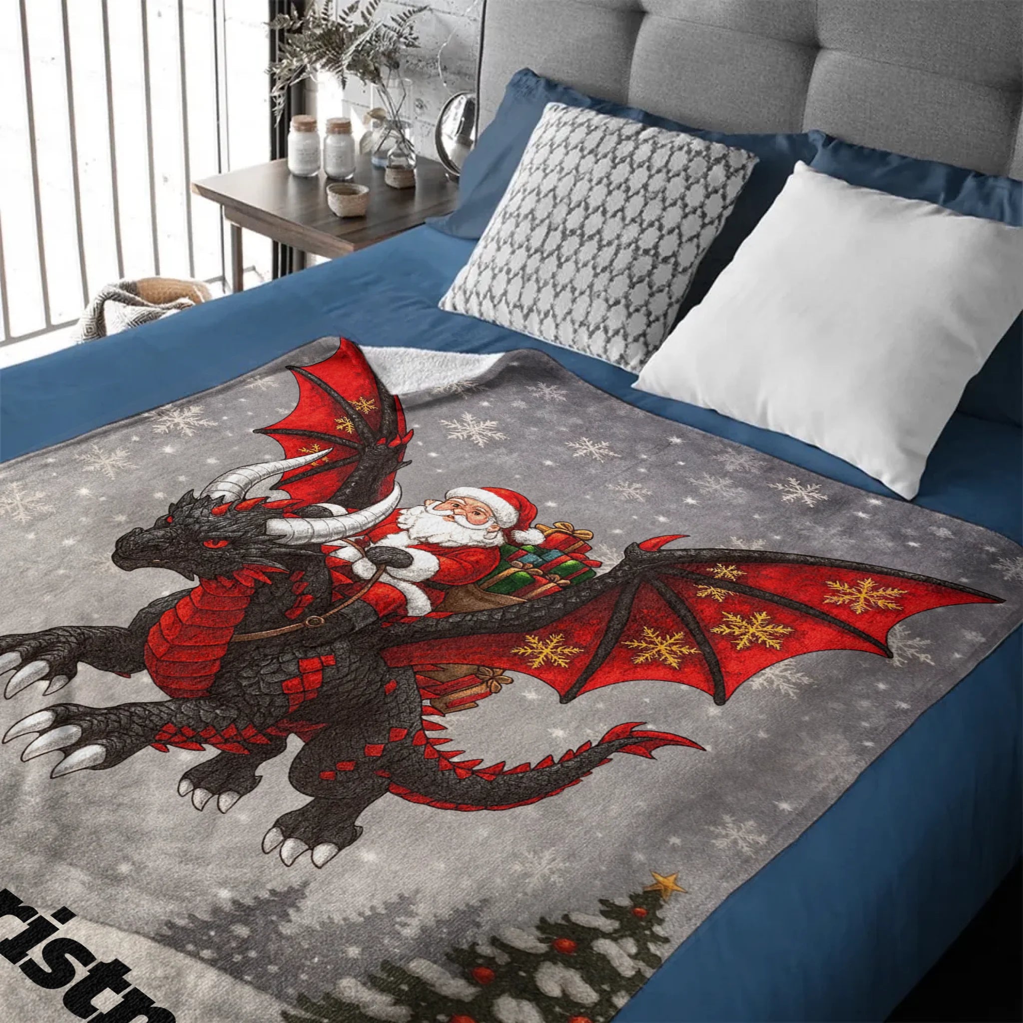 Customized Santa Claus Riding A Dragon Blanket - Personalized Text - Christmas Gift