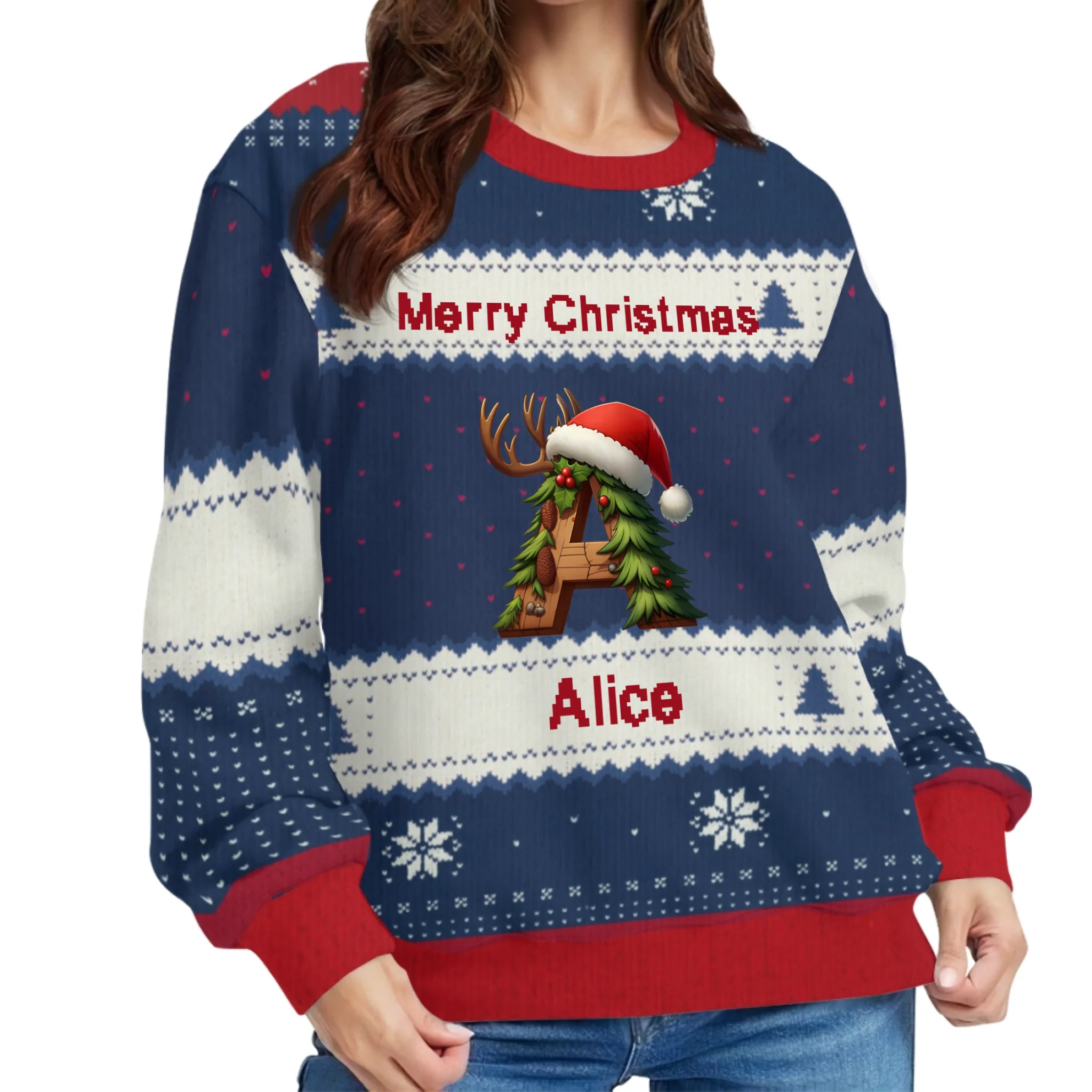 Customized Christmas Tree Snowman Ugly Sweater - Personalized Initial, Name and Color Sweater - Christmas Gift