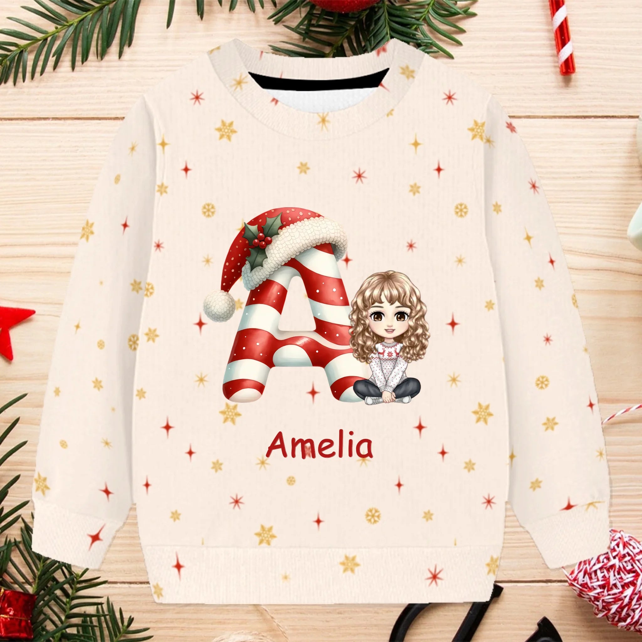 Customized Christmas Ugly Children's Sweater - Personalized Character, Initial and Name - Christmas Gifts For Kid