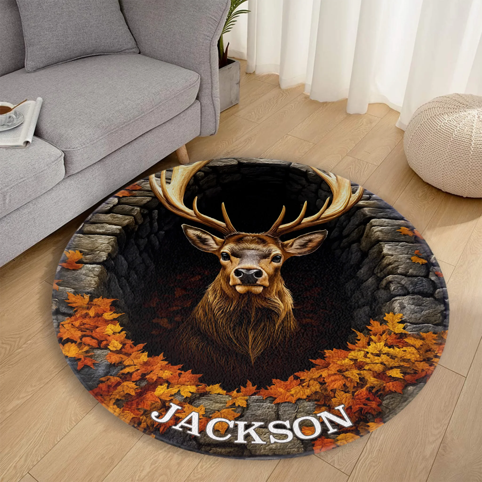 Mystic Autumn Deer Customized Floor Mat - Personalized Name Round Doormat - Exclusive Family Decoration Gifts