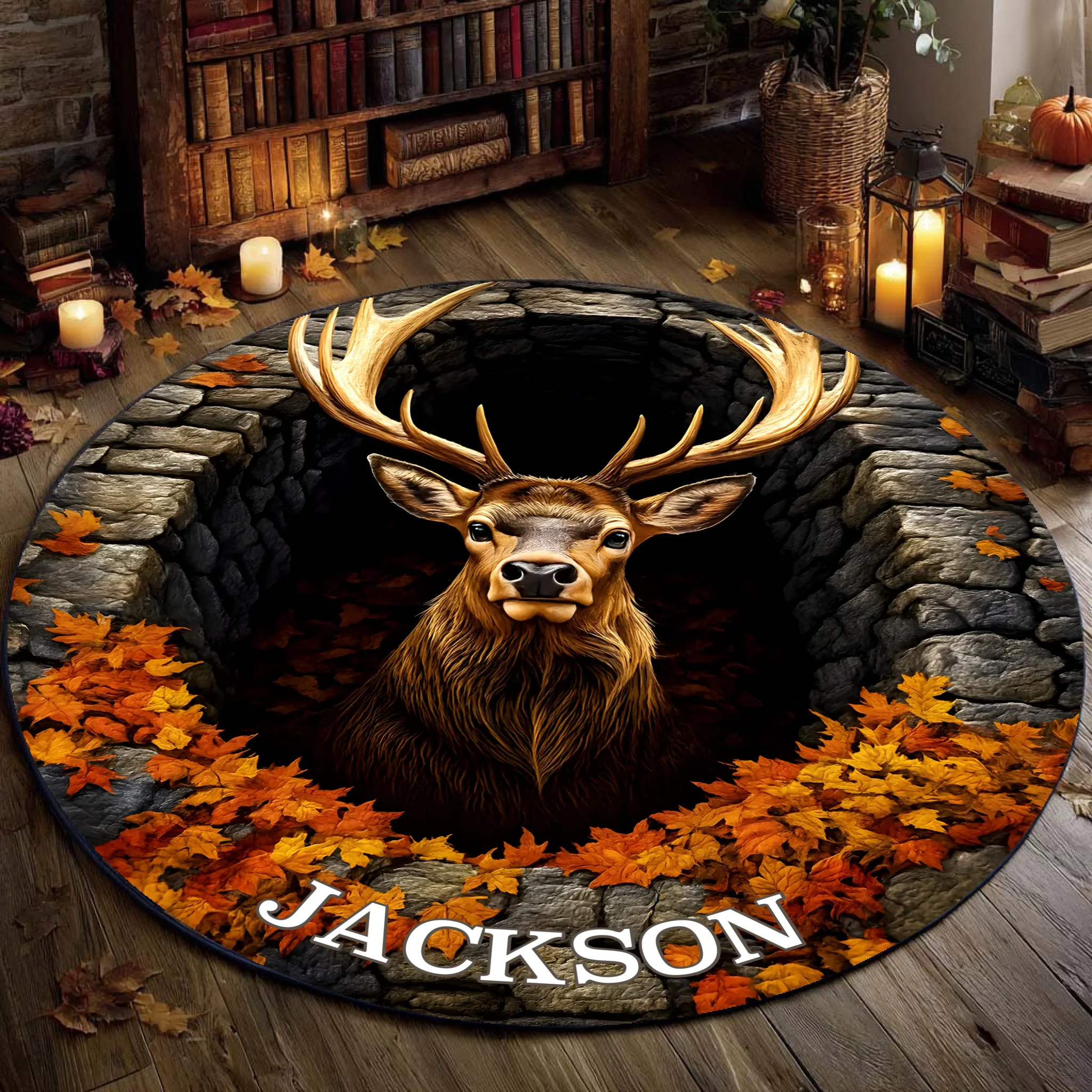 Mystic Autumn Deer Customized Floor Mat - Personalized Name Round Doormat - Exclusive Family Decoration Gifts