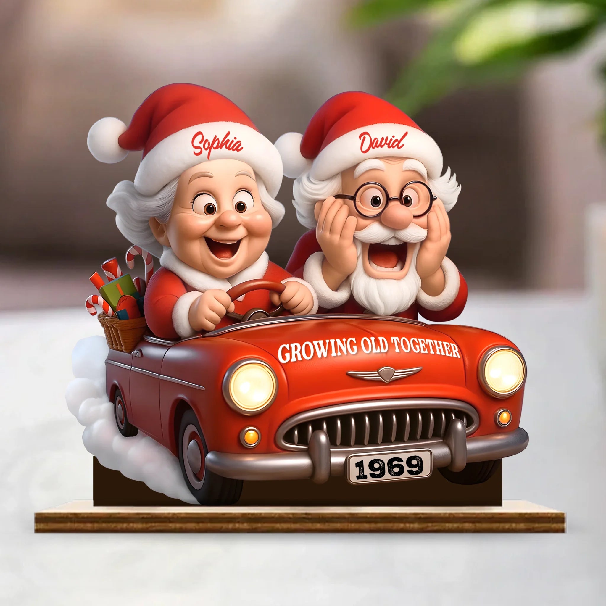 Growing Old Together With Santa Claus In Vintage Car Customized Wooden Ornaments – Personalized Names and Year Wooden Plaque - Gift For Couples, Grandparents