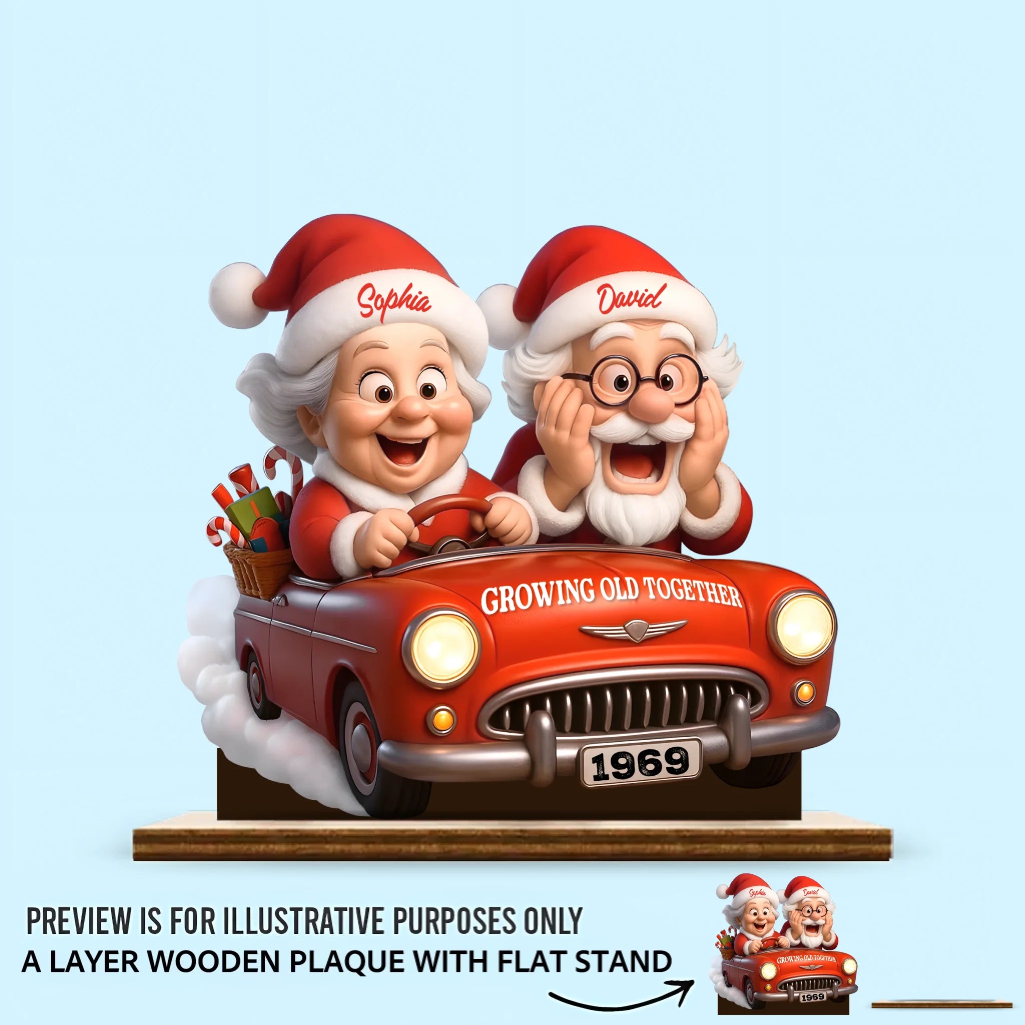 Growing Old Together With Santa Claus In Vintage Car Customized Wooden Ornaments – Personalized Names and Year Wooden Plaque - Gift For Couples, Grandparents