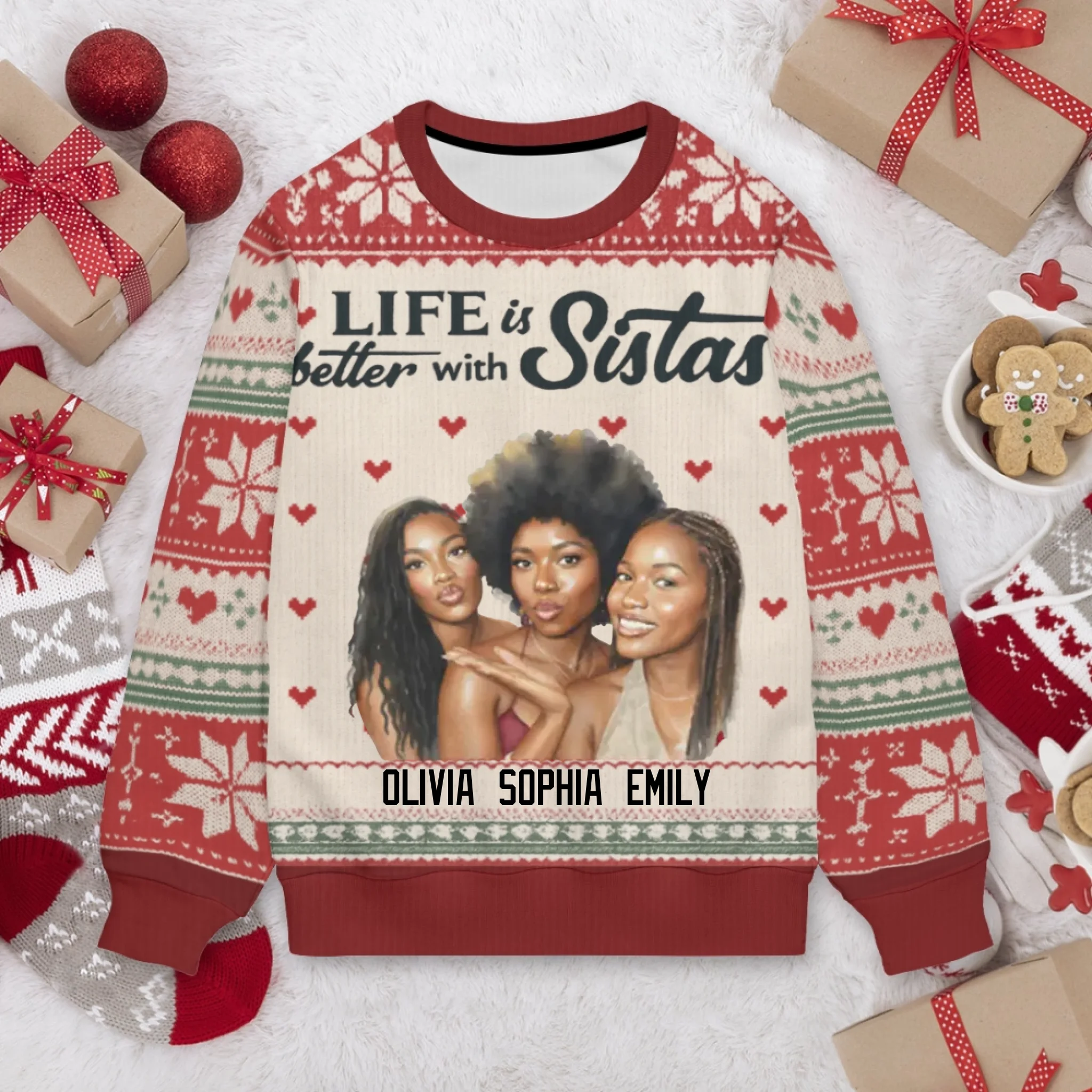 Life Is Better With Sistas Customized Ugly Sweater - Personalized Photo and Names - Sisters' Christmas Gifts