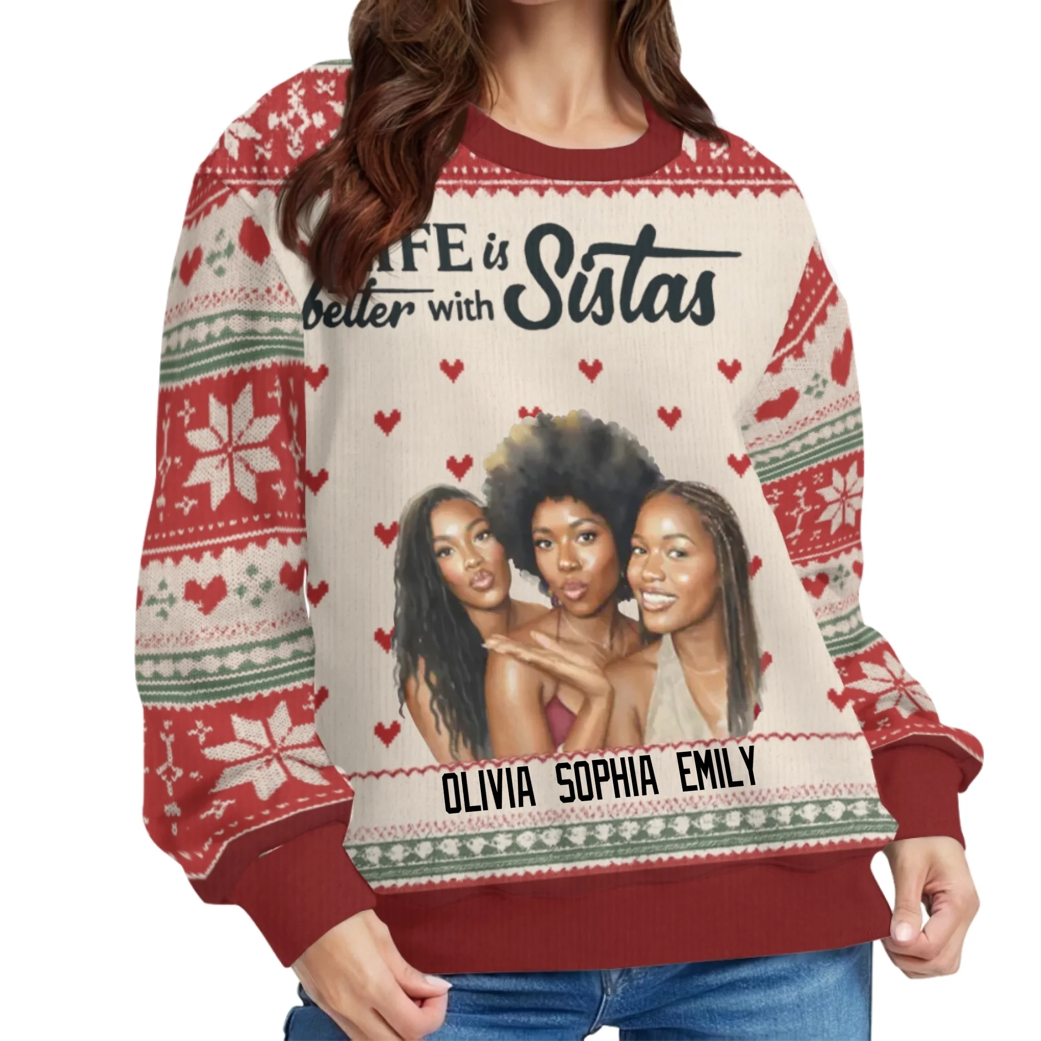 Life Is Better With Sistas Customized Ugly Sweater - Personalized Photo and Names - Sisters' Christmas Gifts