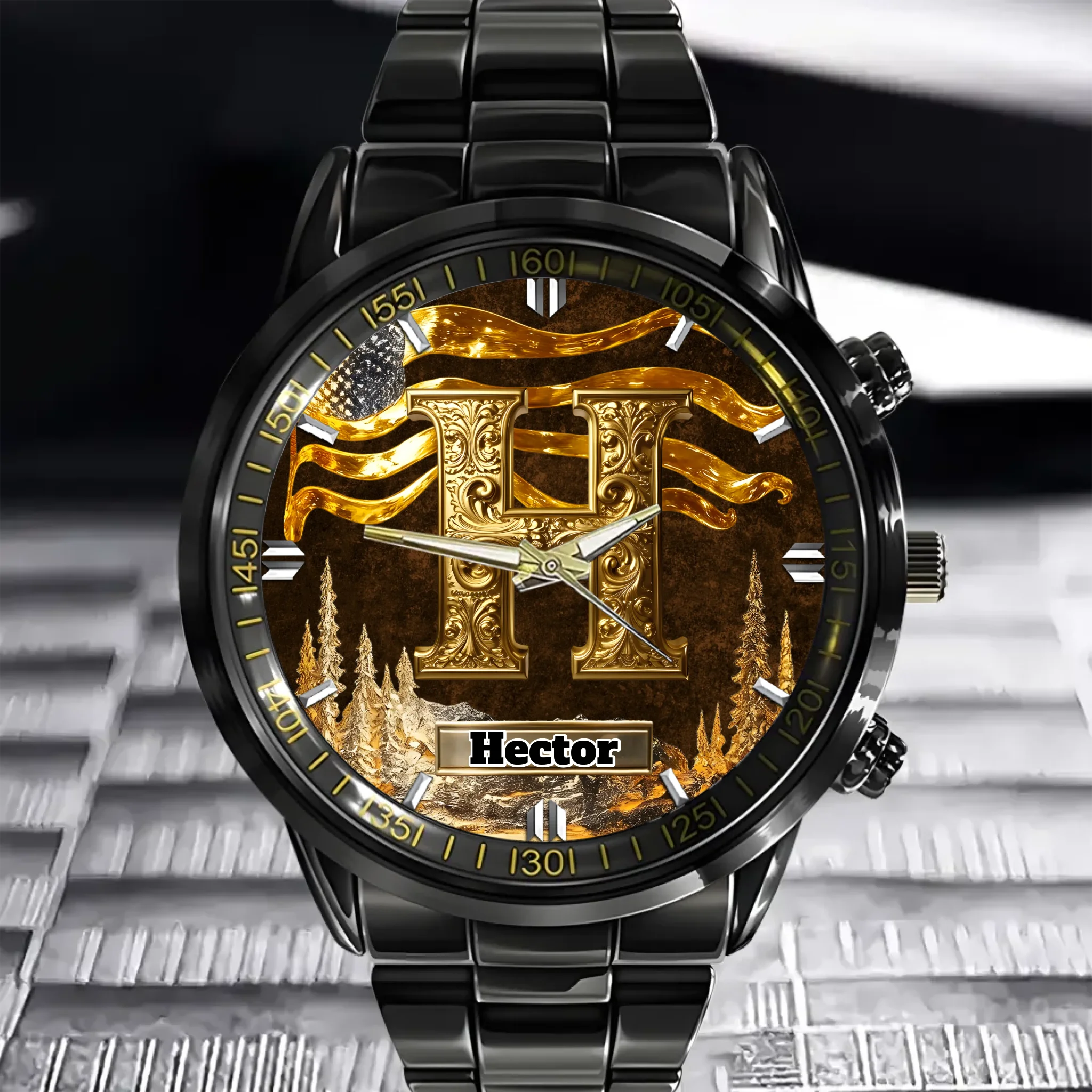 Customized Metal-look Dial Pattern Watch - Personalized Name and Initial - Memento Gift