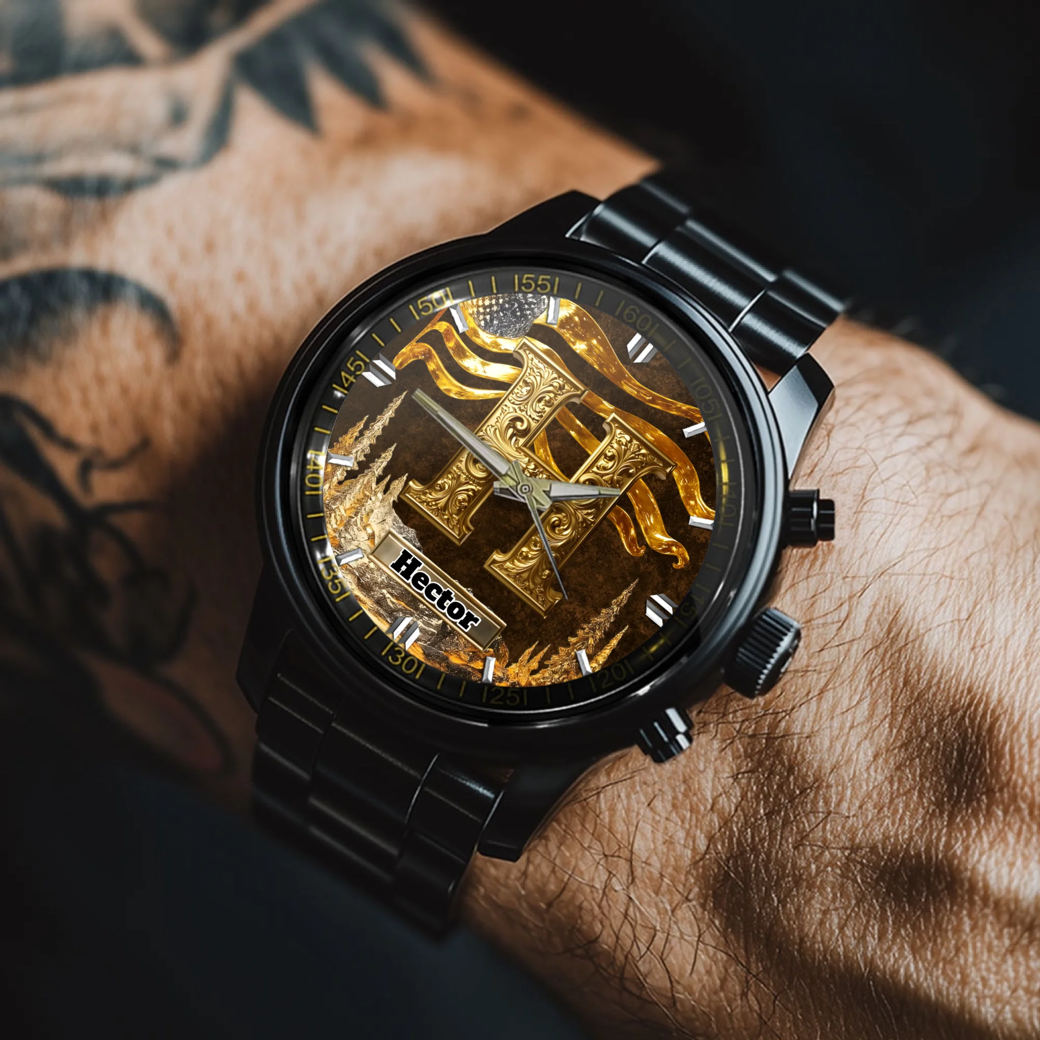 Customized Metal-look Dial Pattern Watch - Personalized Name and Initial - Memento Gift