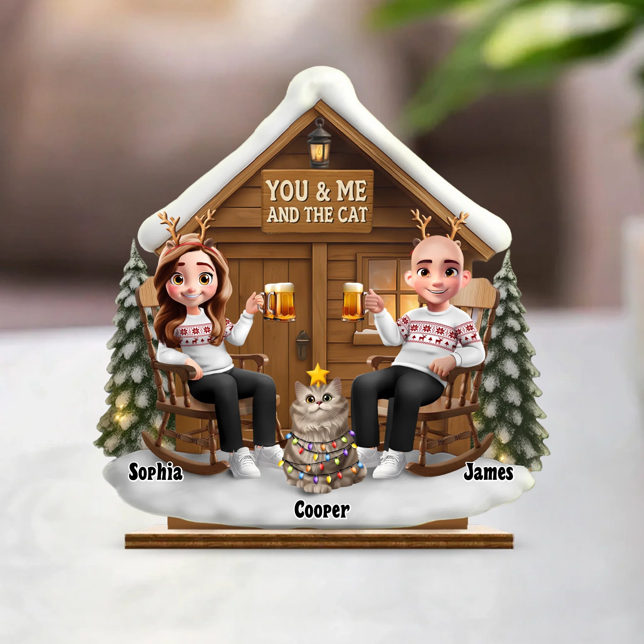 You & Me And The Cat Customized Wooden Ornaments – Personalized Character and Names Wooden Plaque - Gift For Couples