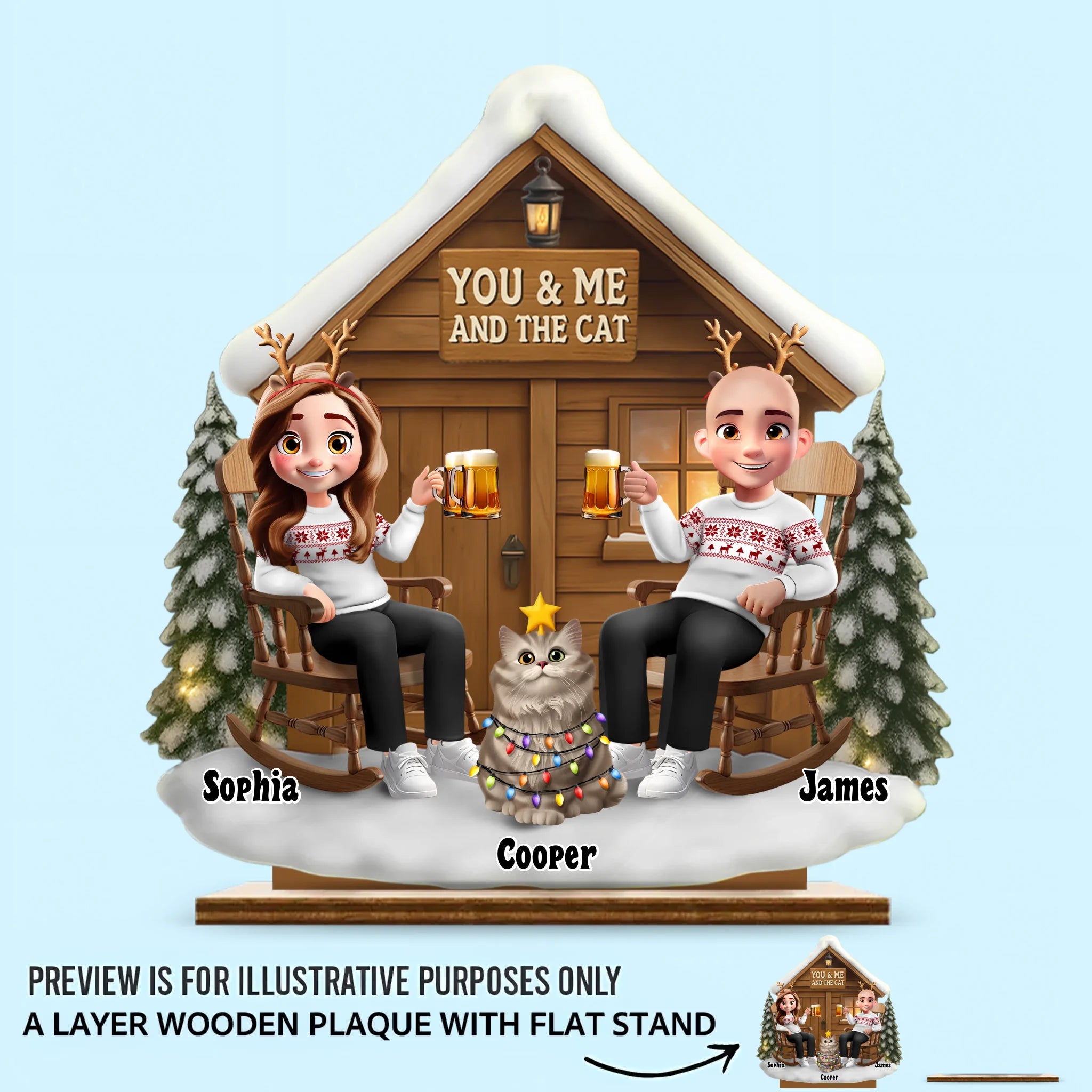 You & Me And The Cat Customized Wooden Ornaments – Personalized Character and Names Wooden Plaque - Gift For Couples