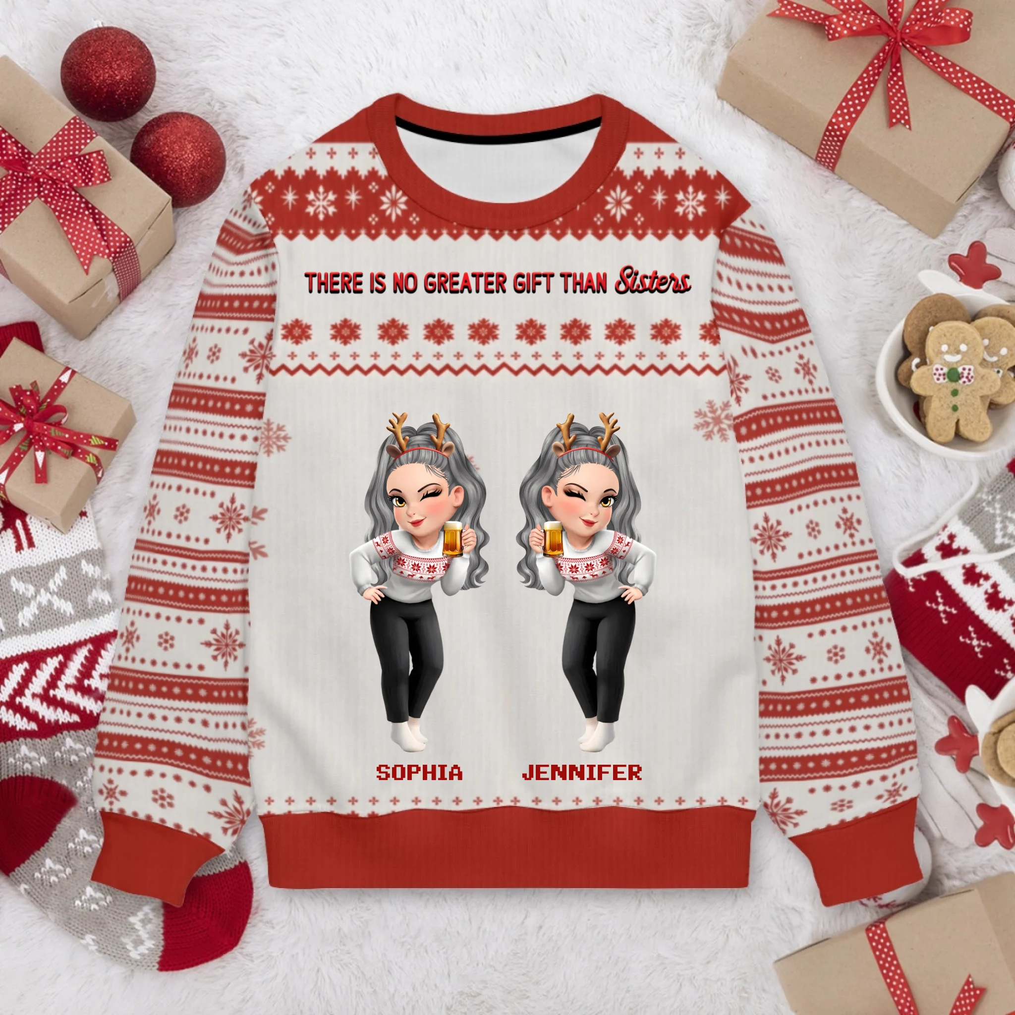 There Is No Greater Gift Than Friendship - Personalized Name And Cartoon Characters Ugly Sweater - Christmas Gift For Friend, Sister, Cousins, Coworkers