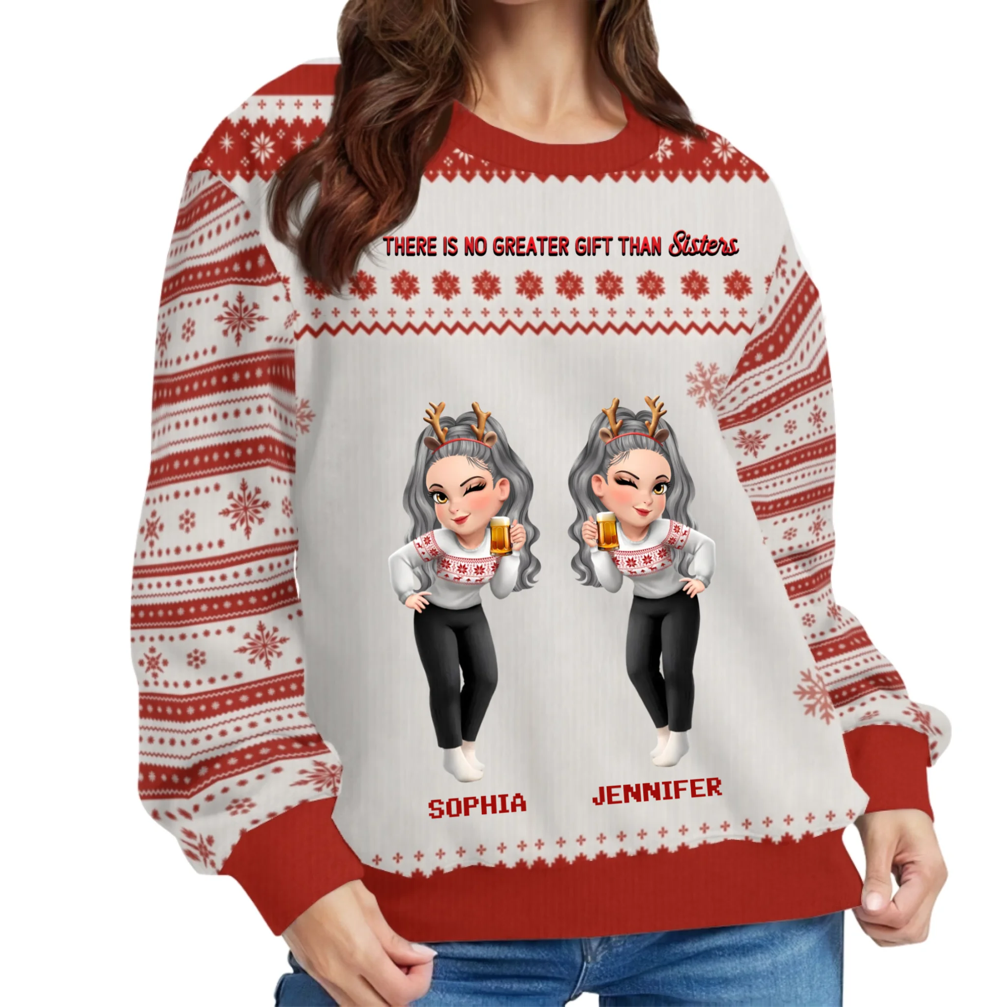 There Is No Greater Gift Than Friendship - Personalized Name And Cartoon Characters Ugly Sweater - Christmas Gift For Friend, Sister, Cousins, Coworkers