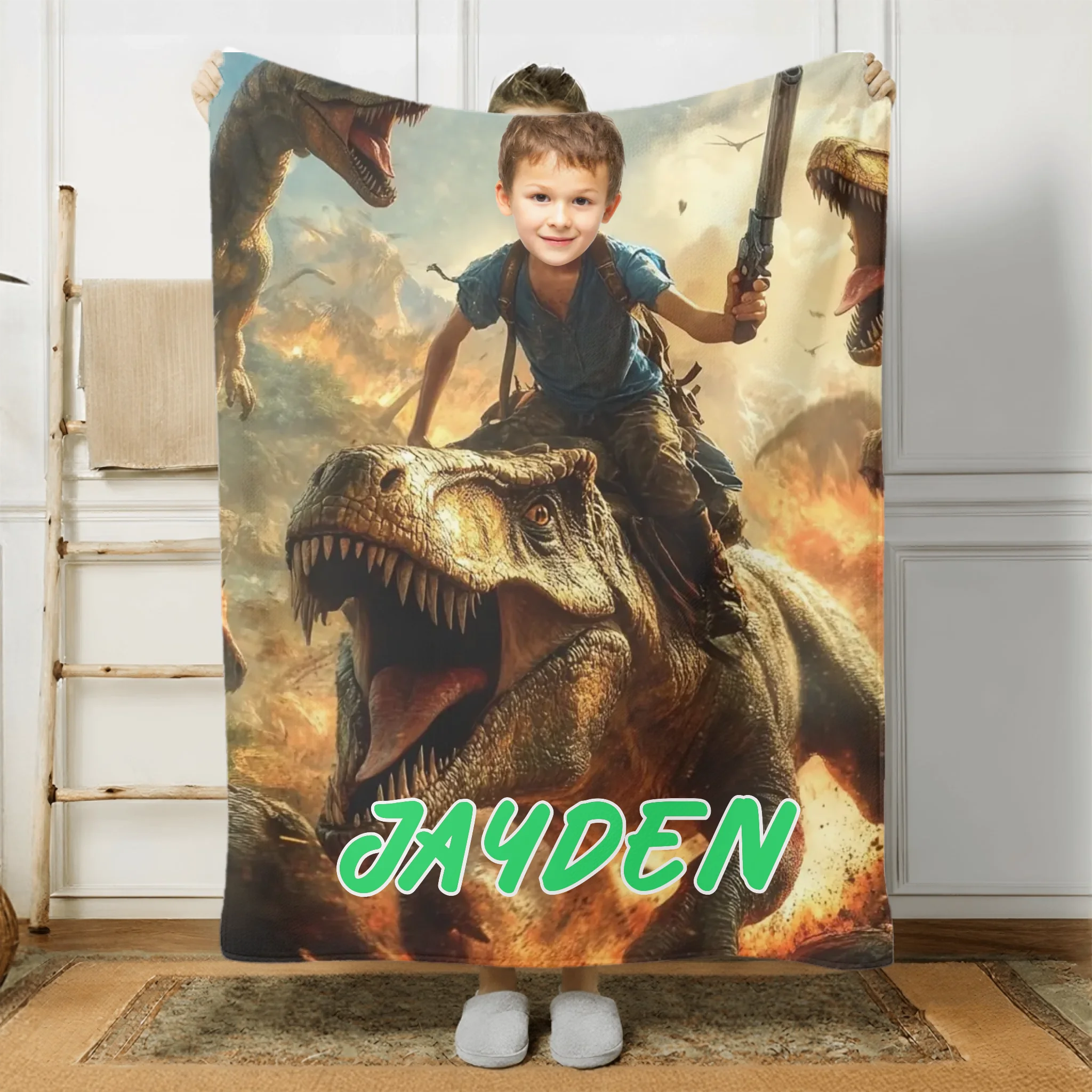 Custom Dinosaur Blankets Personalized Boy Riding Dinosaur Blanket