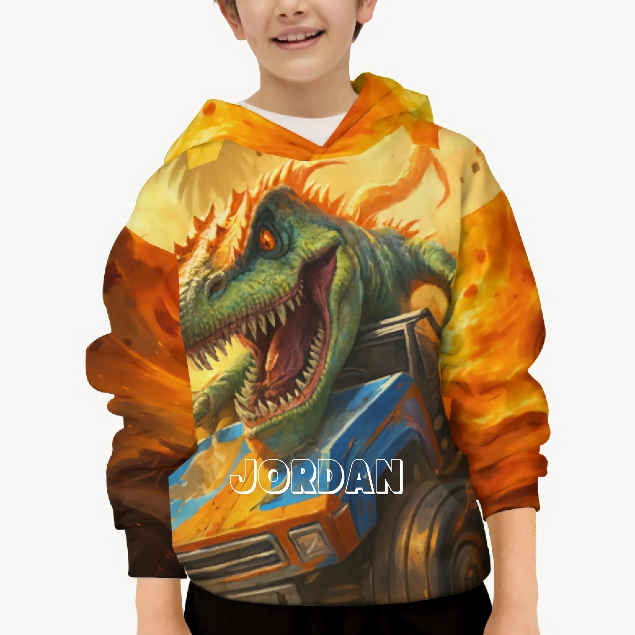 Custom Dinosaur Hoodie - Personalized Sweatshirt with T-Rex and Monster Truck - Gift for Boys and Girls