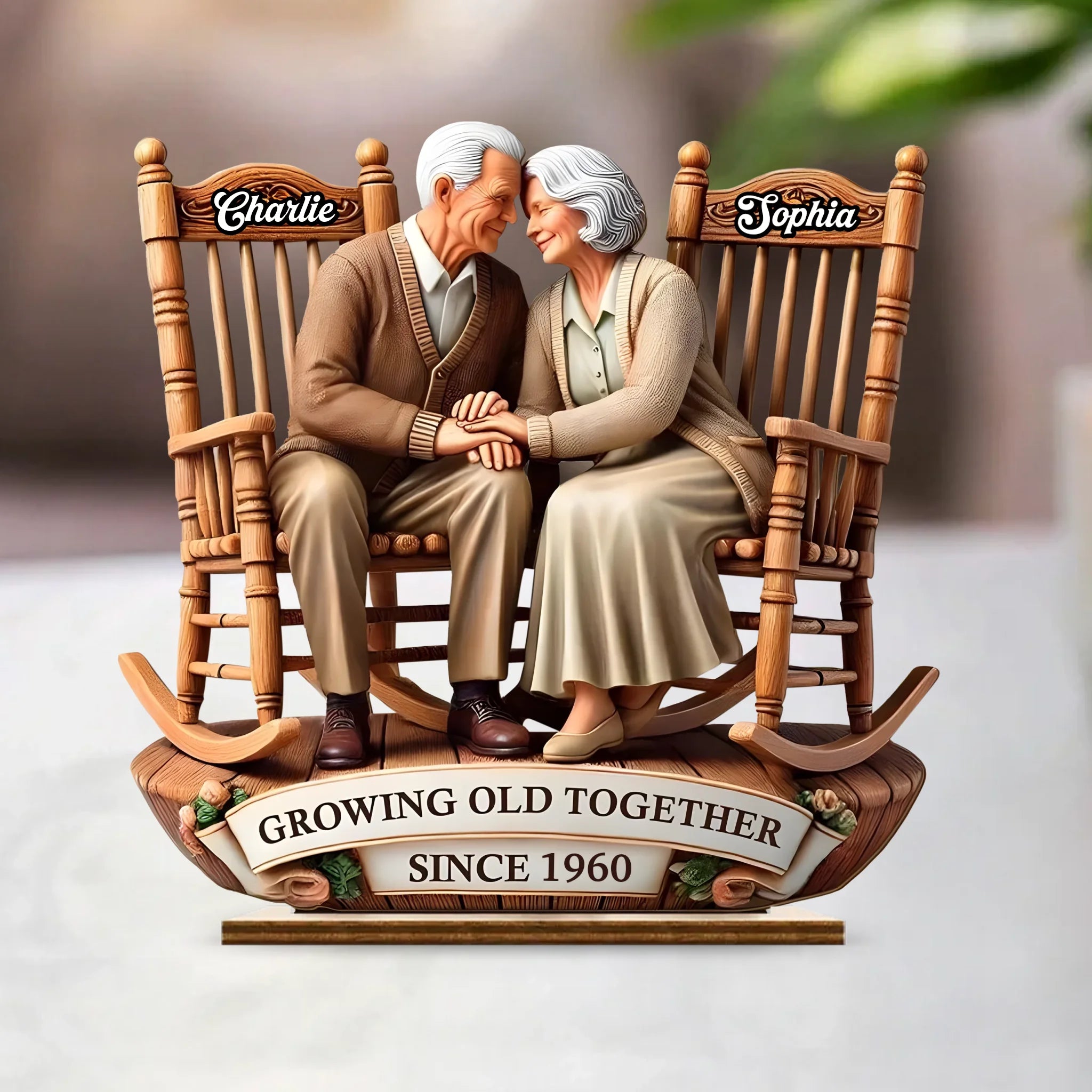 Growing Old Together Customized Wooden Ornaments – Personalized Names and Year Wooden Plaque - Anniversary Gift