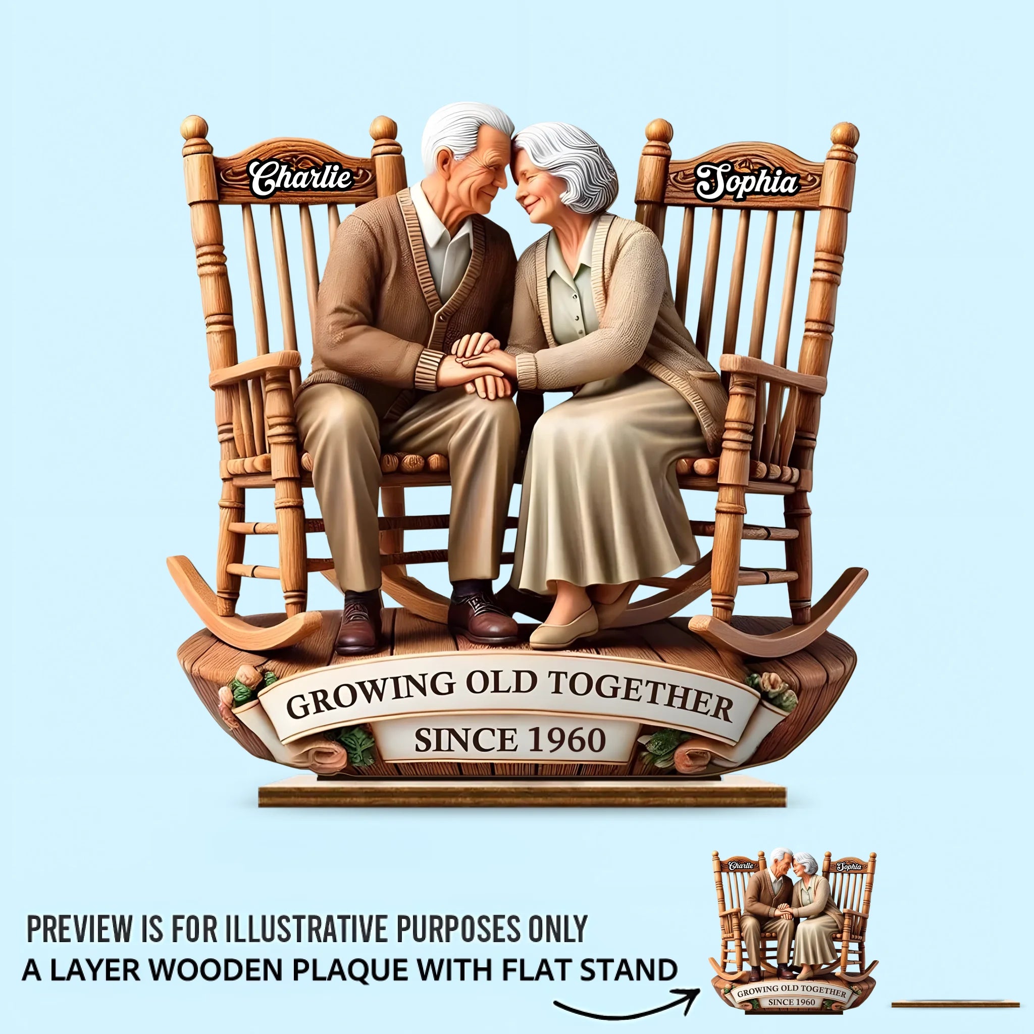 Growing Old Together Customized Wooden Ornaments – Personalized Names and Year Wooden Plaque - Anniversary Gift