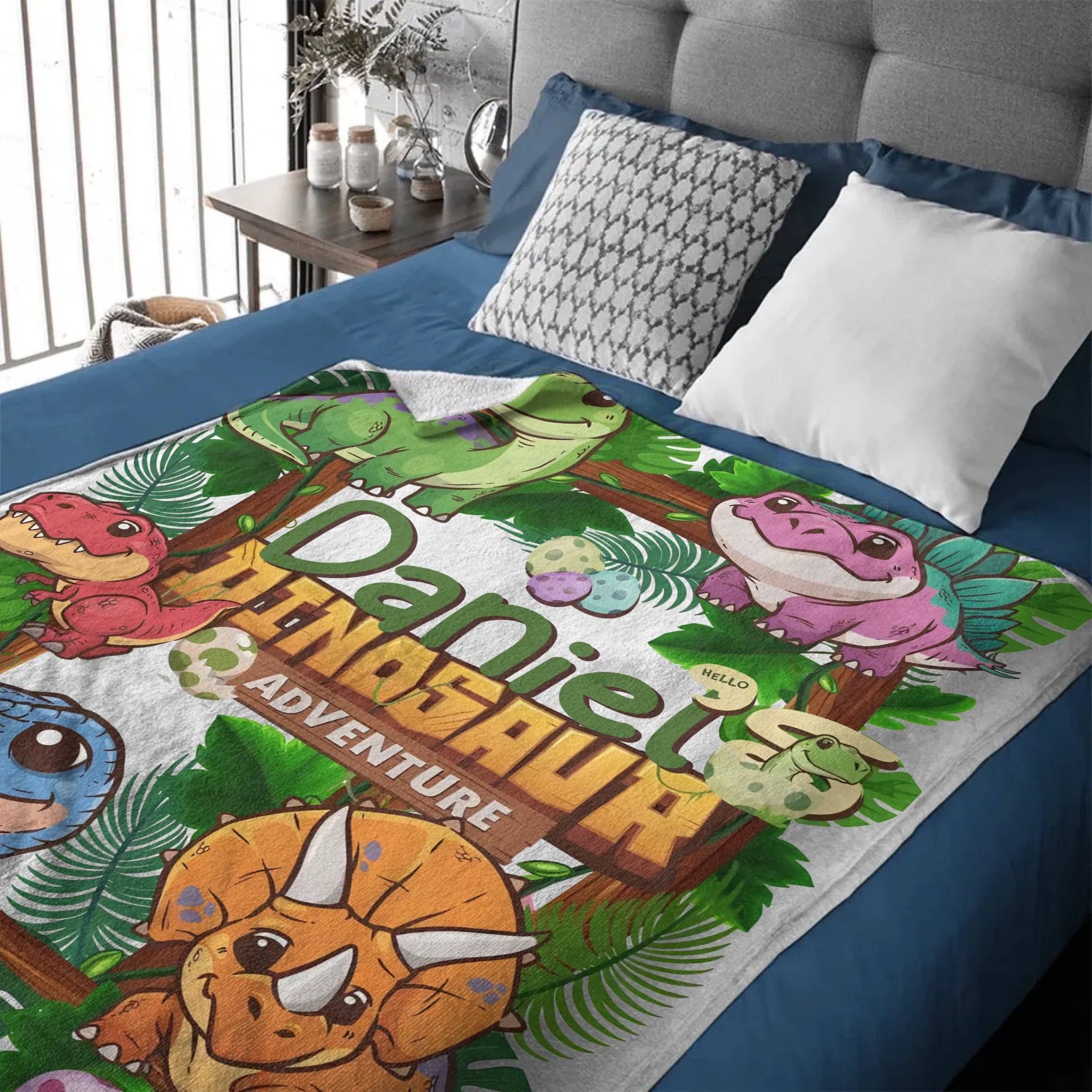 Custom Dinosaur Adventure Blanket – Personalized Jungle Dino Throw – Gift for Boys