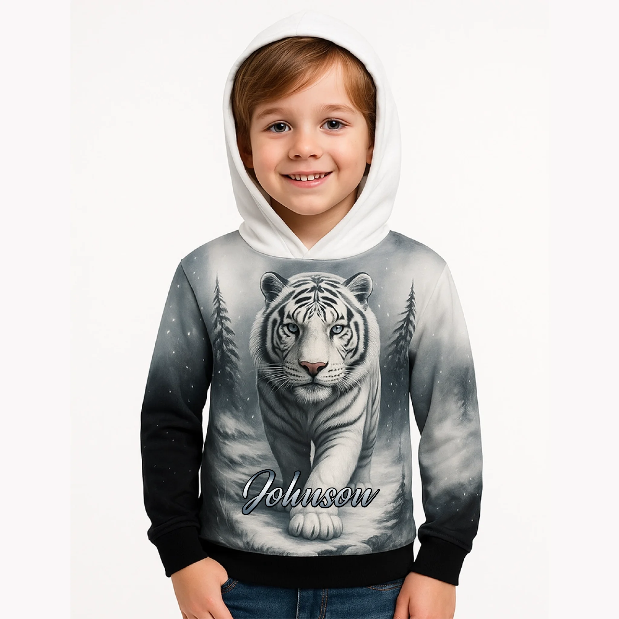 Custom Forest Tiger Kid Hoodie – Personalized Name Clothing – Gift for Kids & Teens