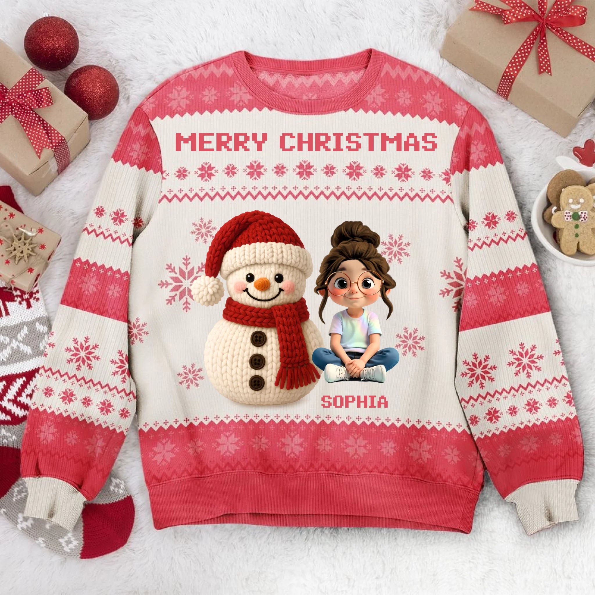 Customized Crochet Christmas-themed Pattern Clothing - Personalized Name And Cartoon Characters Ugly Sweater - Christmas Gift For Kids, Children-LOGI