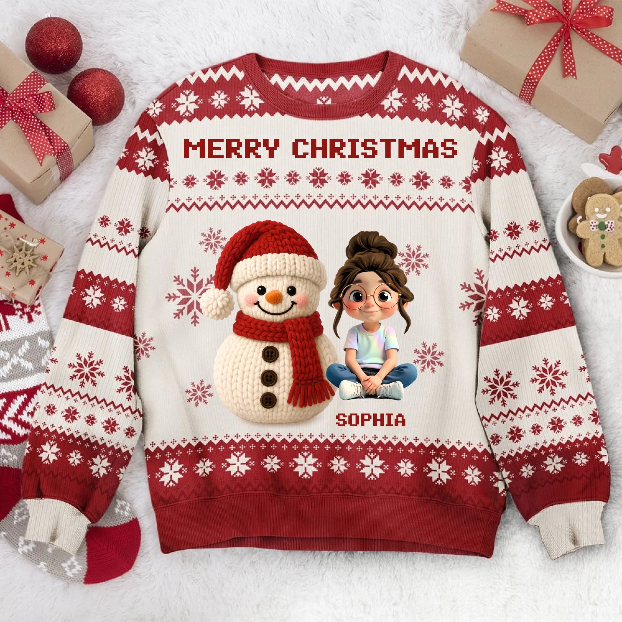 Customized Crochet Christmas-themed Pattern Clothing - Personalized Name And Cartoon Characters Ugly Sweater - Christmas Gift For Kids, Children-LOGI