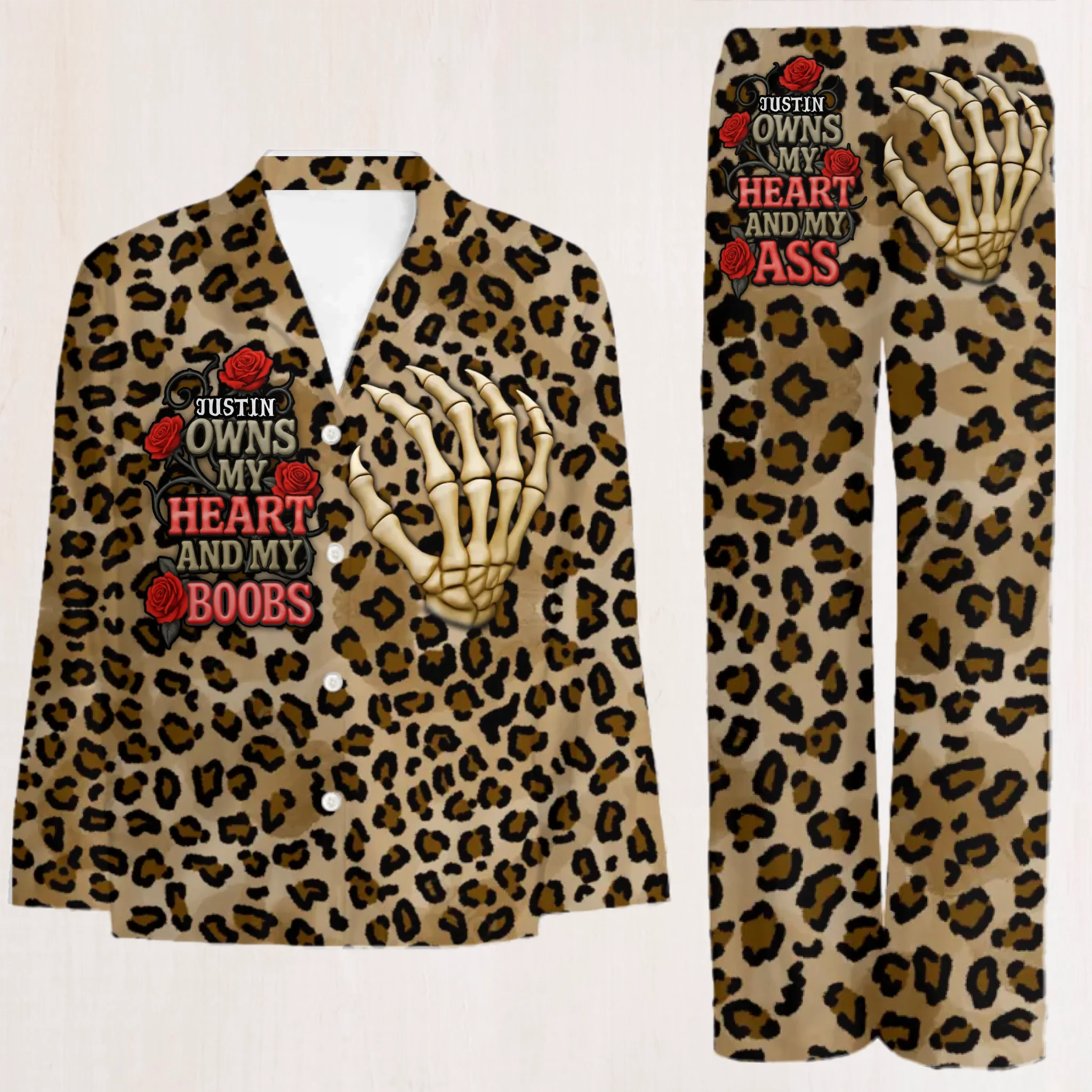 He Owns My Heart And My Ass/Boobs Customized Pajama - Personalized Color And Name Fun Pajamas – Couple's Gift