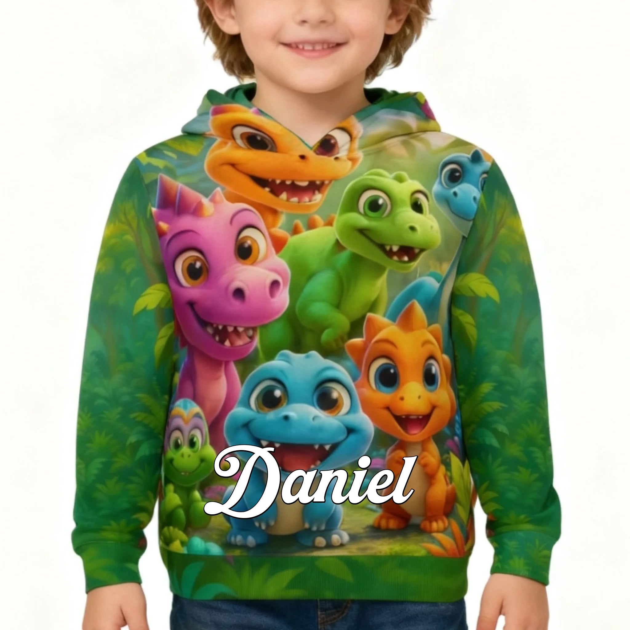 Custom Colorful Dinosaur World Kid Hoodie – Personalized Name Clothing – Gift for Kids & Teens, Dinosaur Lovers