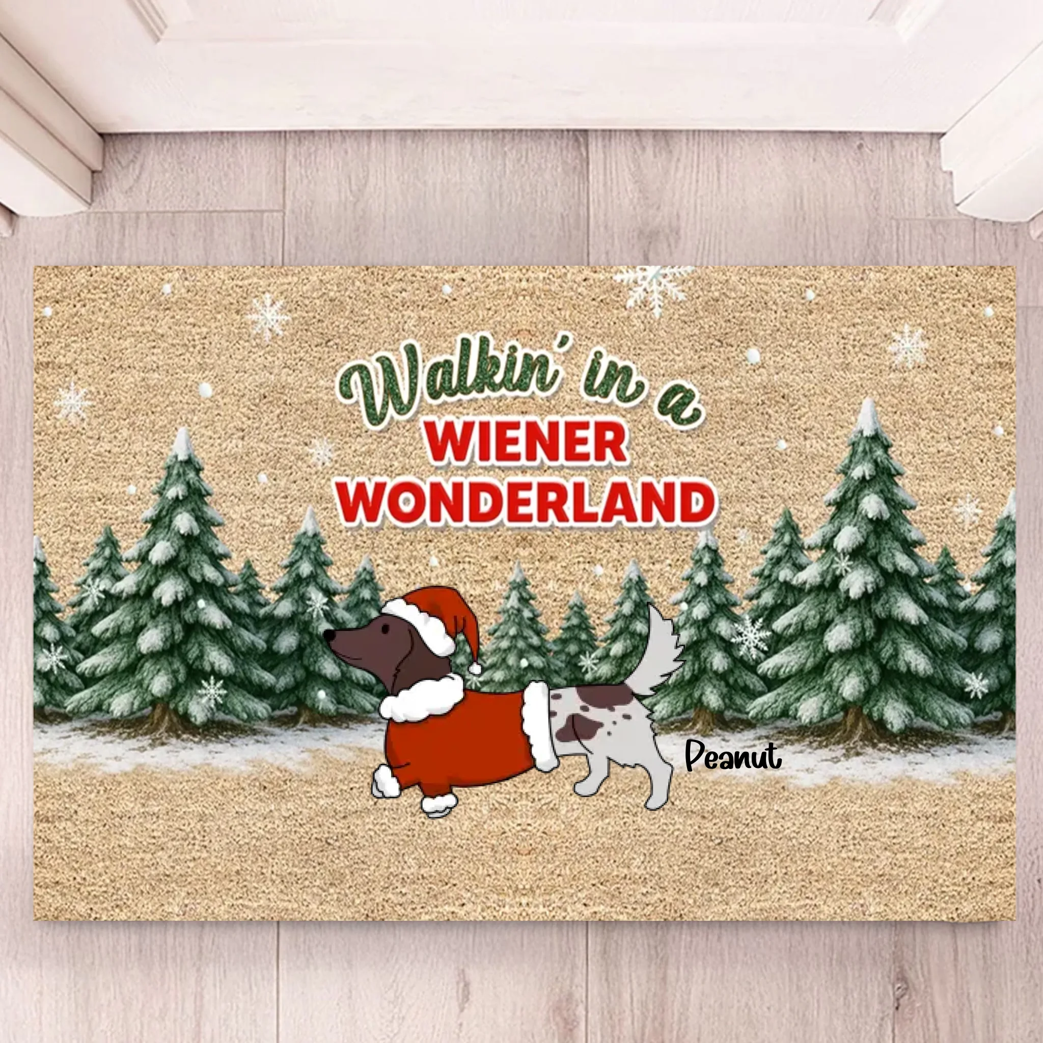 Customized Dachshunds Walking In A Wiener Wonderland Floor Mat - Personalized Doormat - Unique Christmas Gift For Dachshunds Lovers