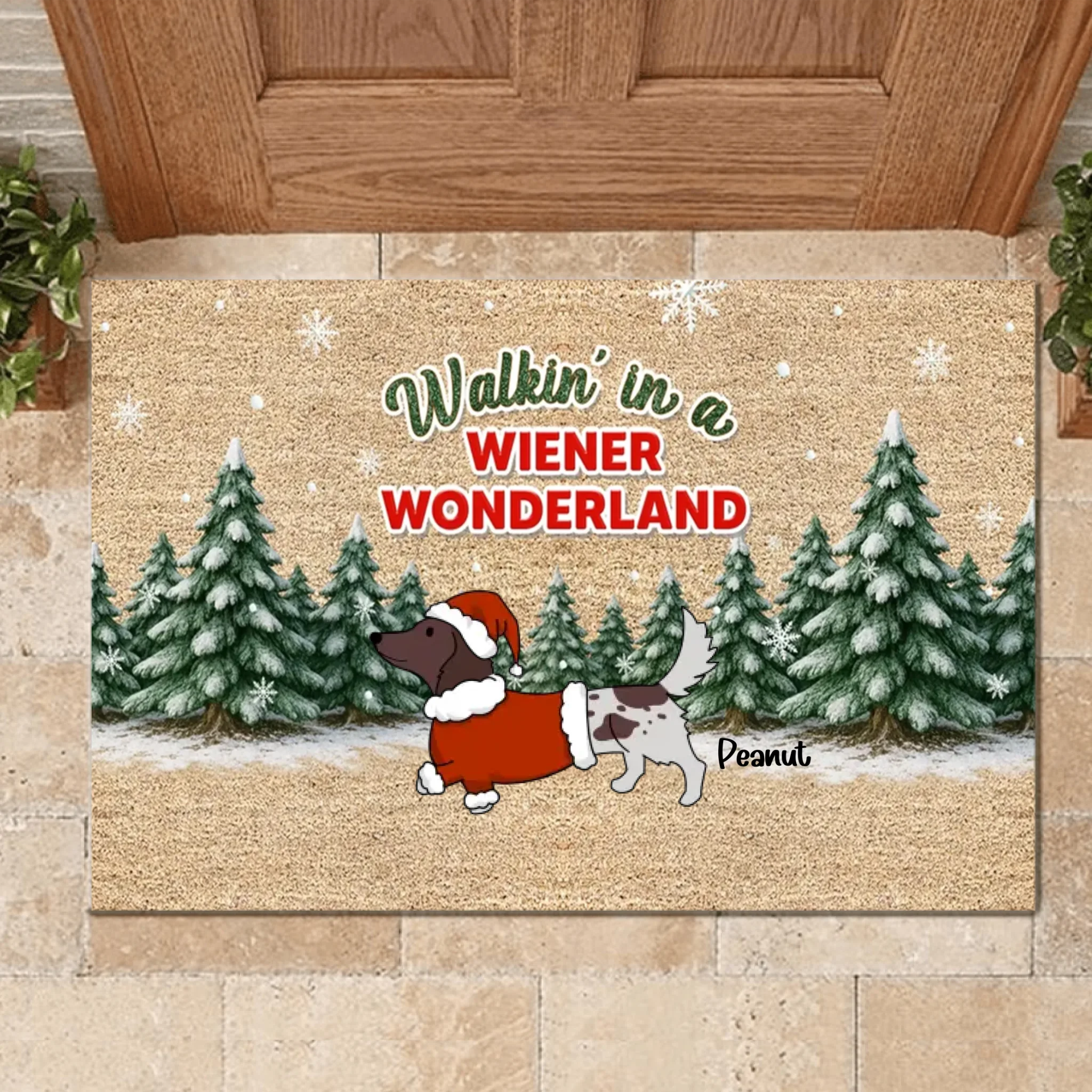 Customized Dachshunds Walking In A Wiener Wonderland Floor Mat - Personalized Doormat - Unique Christmas Gift For Dachshunds Lovers