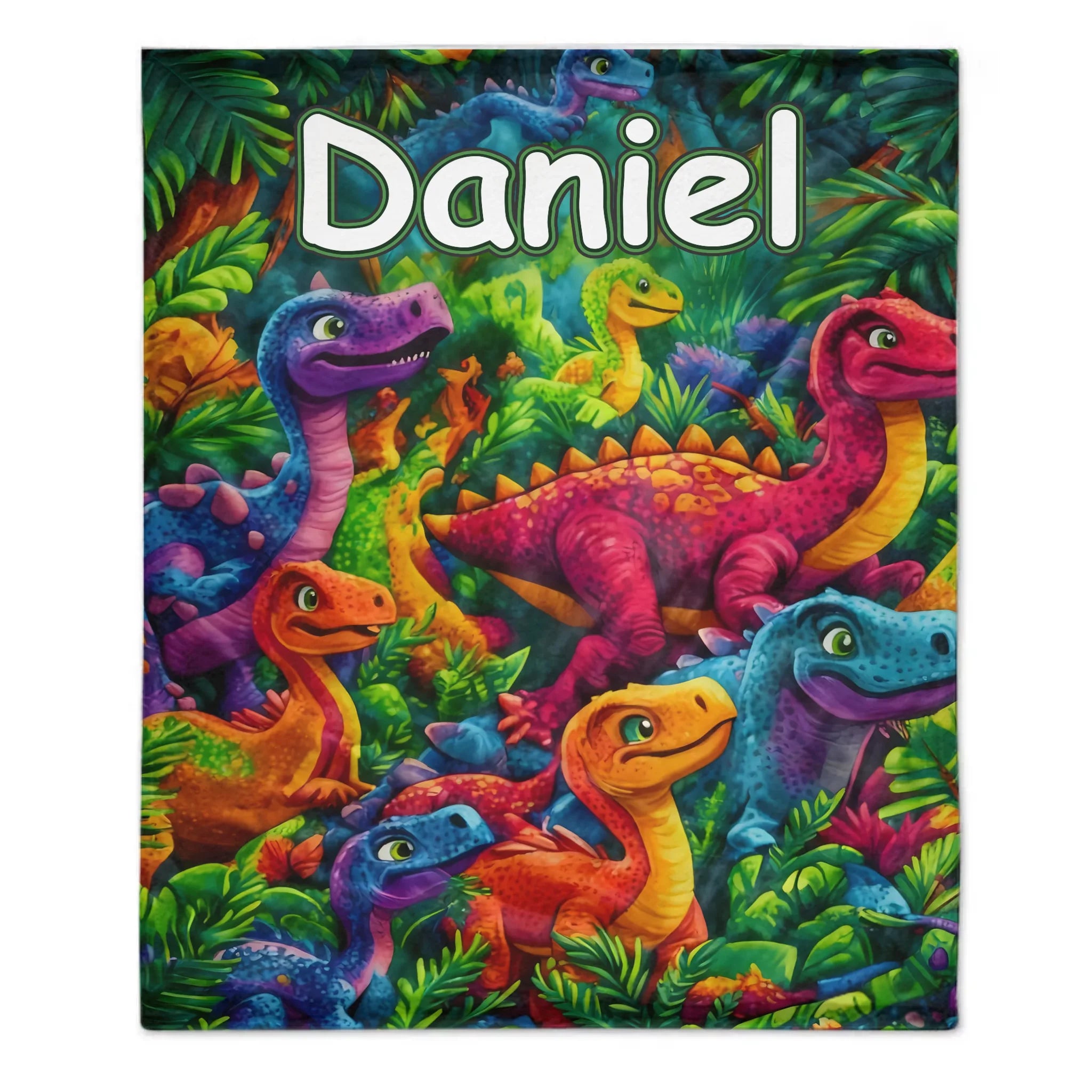 Custom Colorful Dinosaur Blanket – Personalized Dino Jungle Throw – Gift for Kids