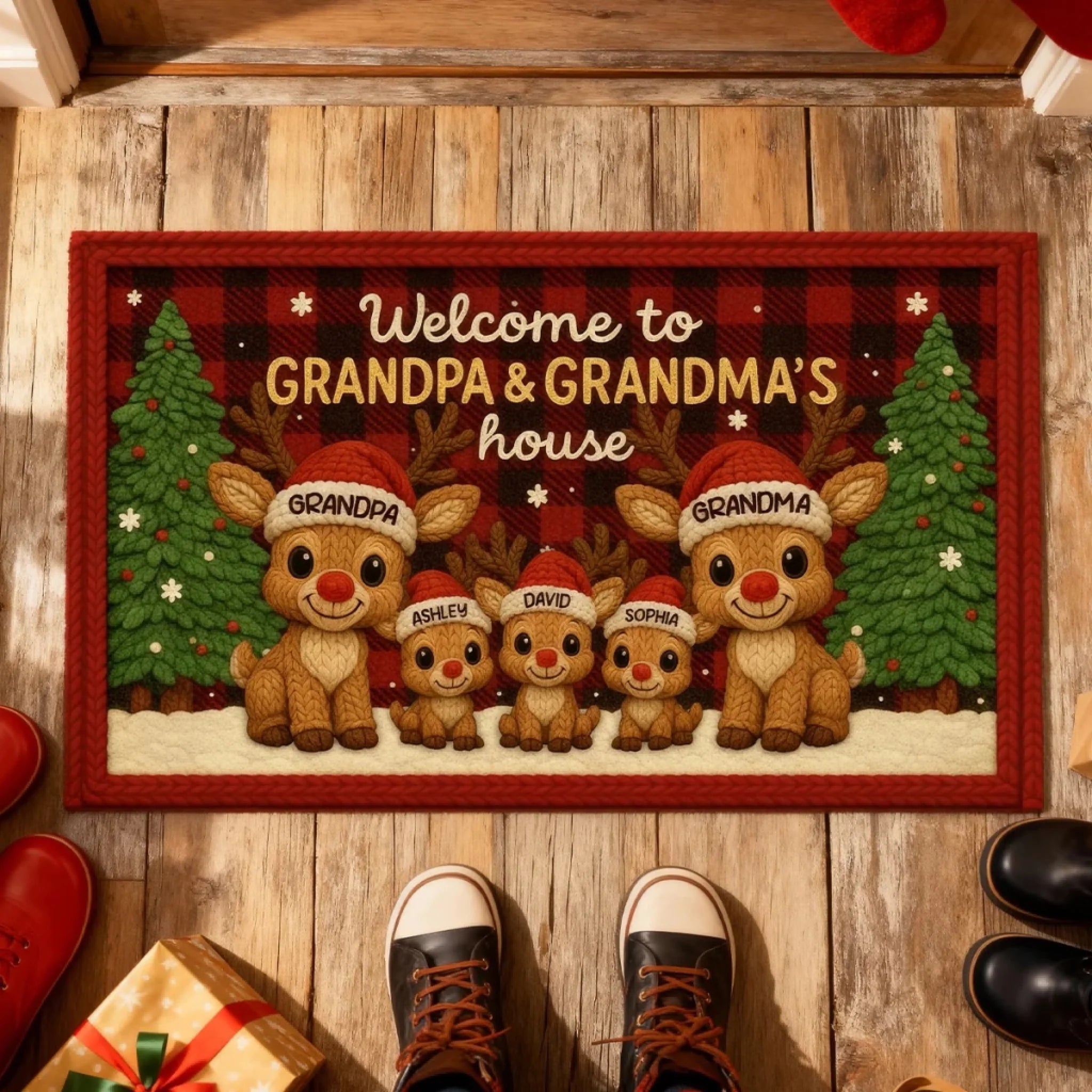 Grandma Grandpa Reindeers Crochet Faux Yarn Texture Customized Floor Mat - Personalized Doormat - Unique Christmas Gift For Grandparents