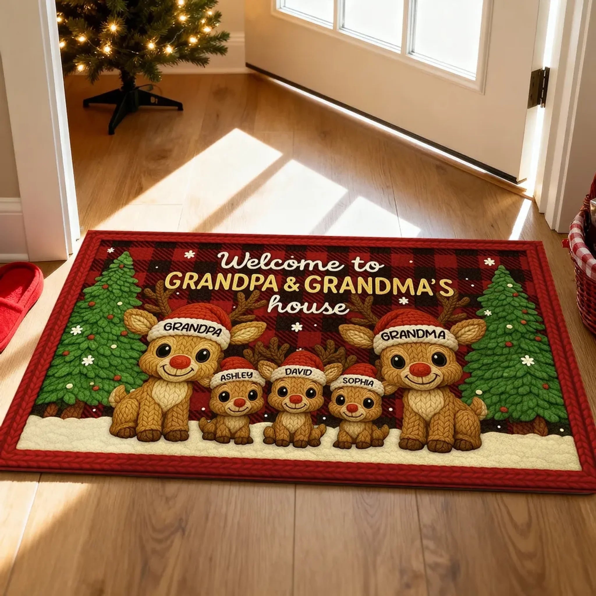 Grandma Grandpa Reindeers Crochet Faux Yarn Texture Customized Floor Mat - Personalized Doormat - Unique Christmas Gift For Grandparents