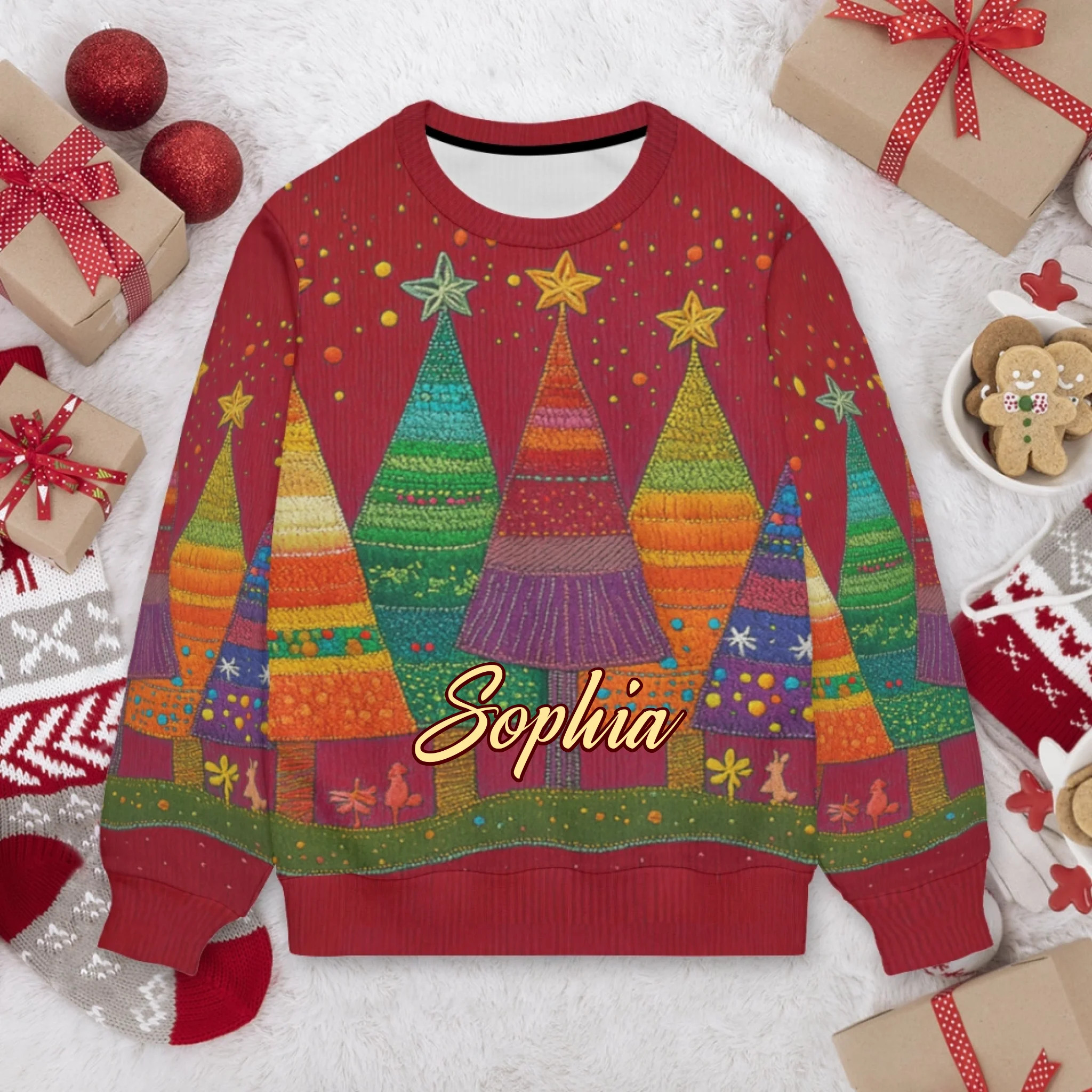 Customized Colorful Christmas Tree Ugly Sweater - Personalized Name - Christmas Gift For Friends, Family